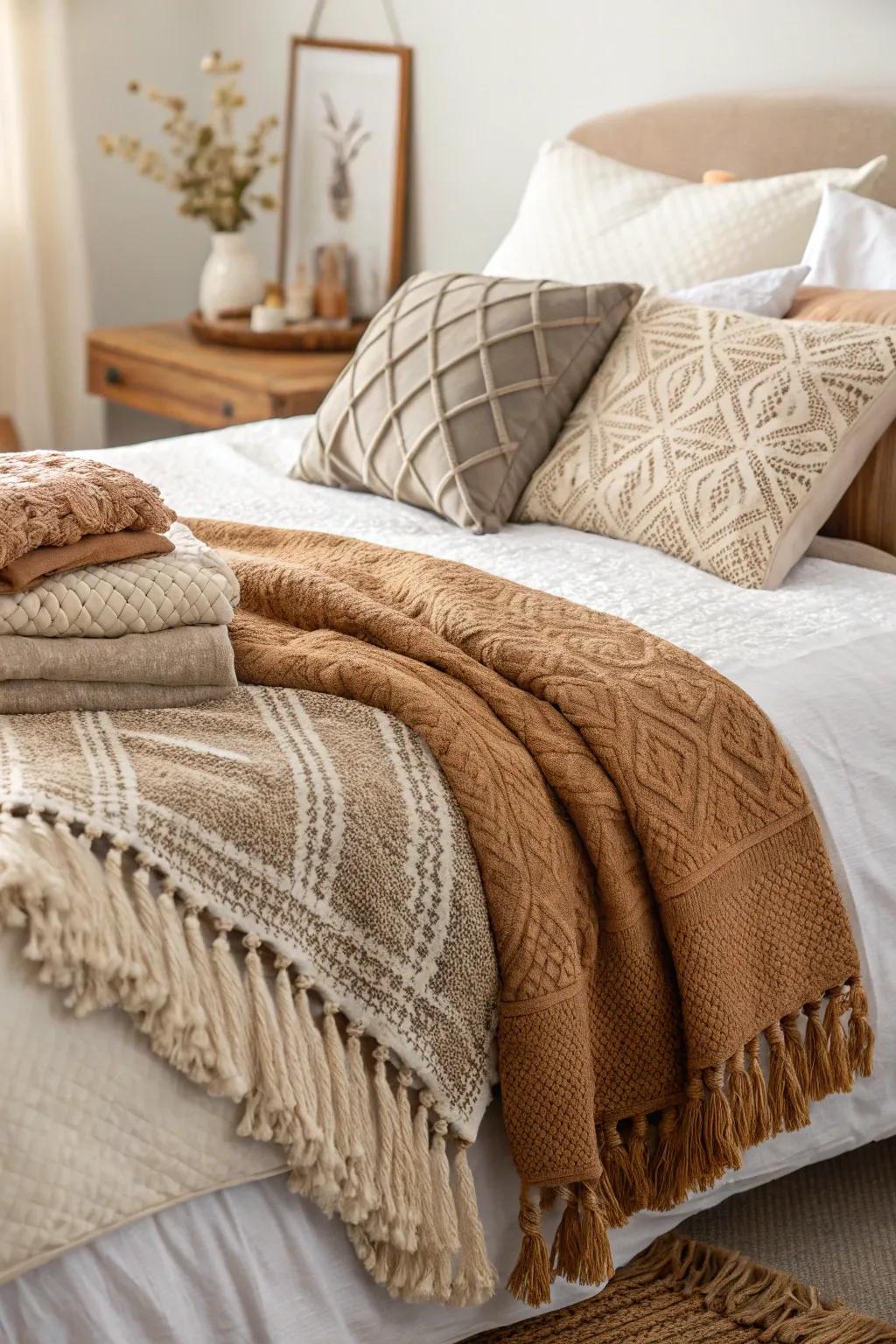 Layered textures enrich the dimension and warmth of bohemian bedding.