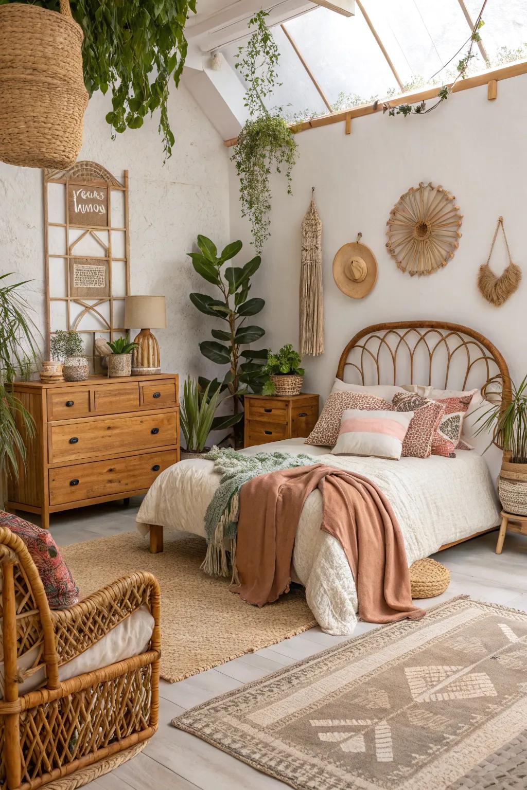 The incorporation of wooden furniture and wicker details introduces a sense of warmth to any boho bedroom.