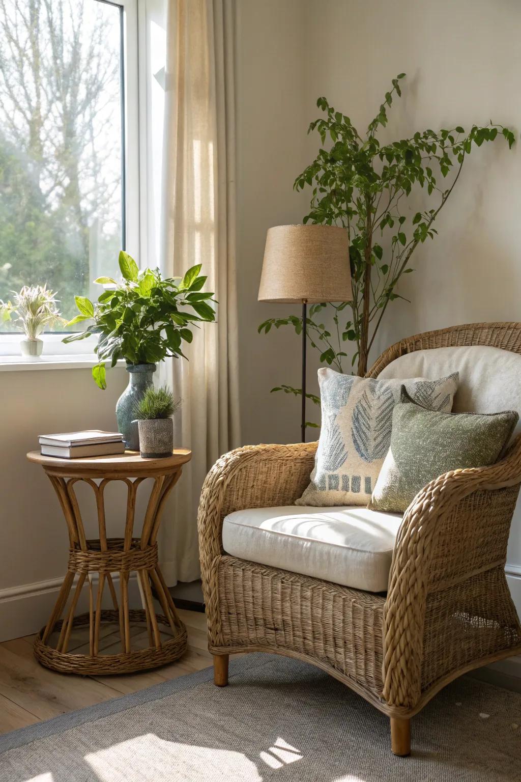A snug corner showcasing a wicker armchair and organic elements.