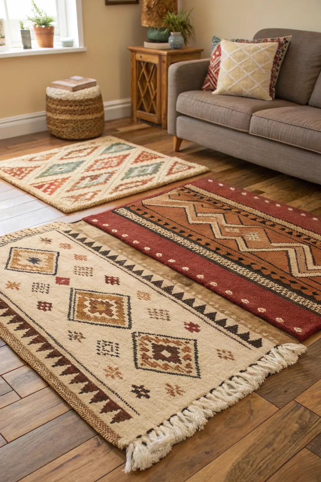 Layered rugs introduce depth and comfort to a free-spirited glamorous living room.
