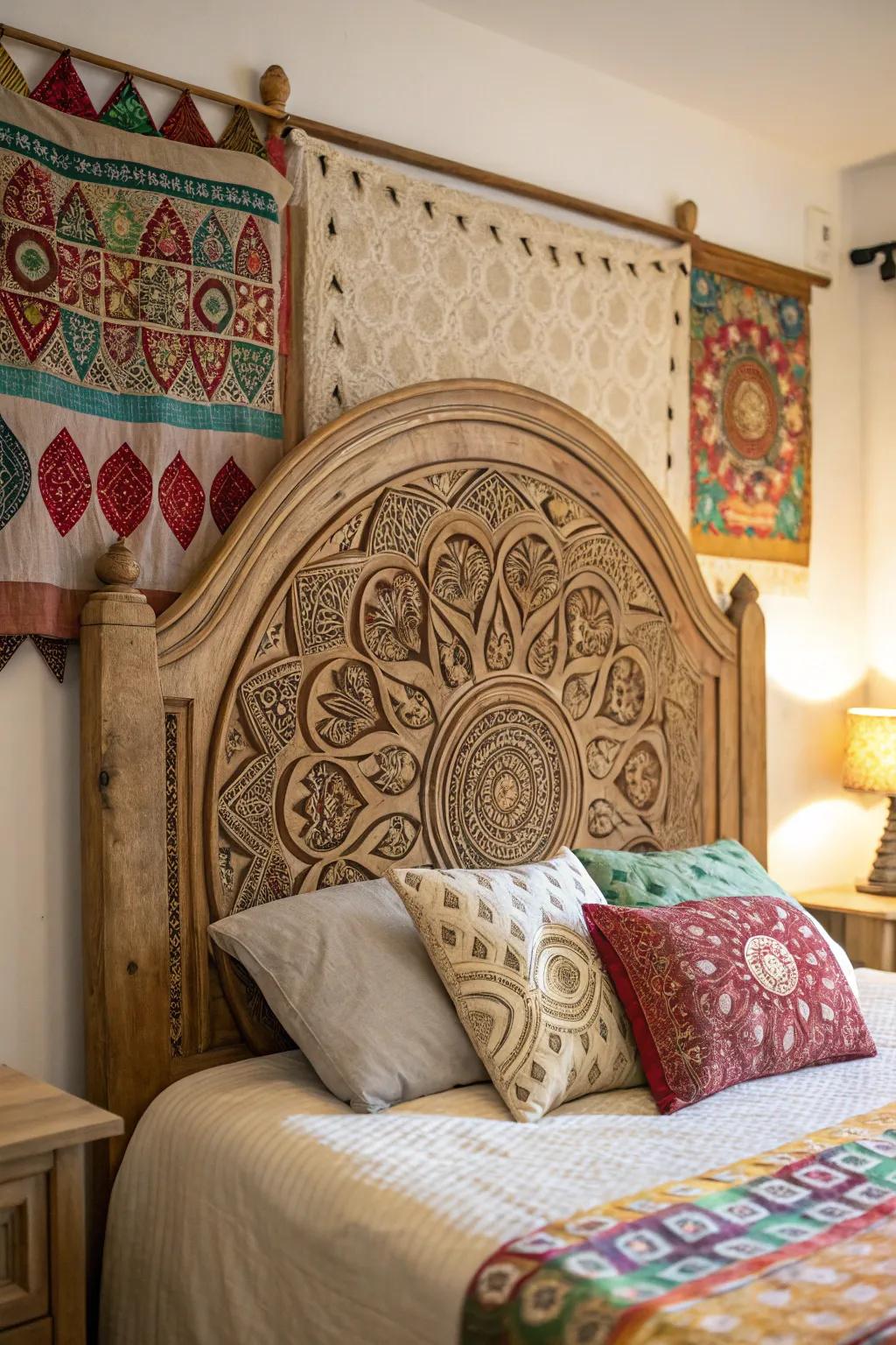 Elaborate mandala carvings turn this headboard into an amazing centerpiece.