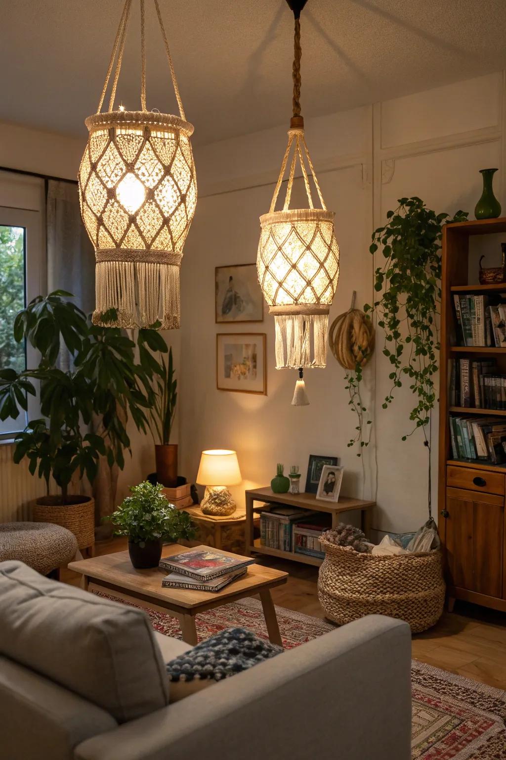 Knotted lanterns introducing dimension to a bohemian-style living room.