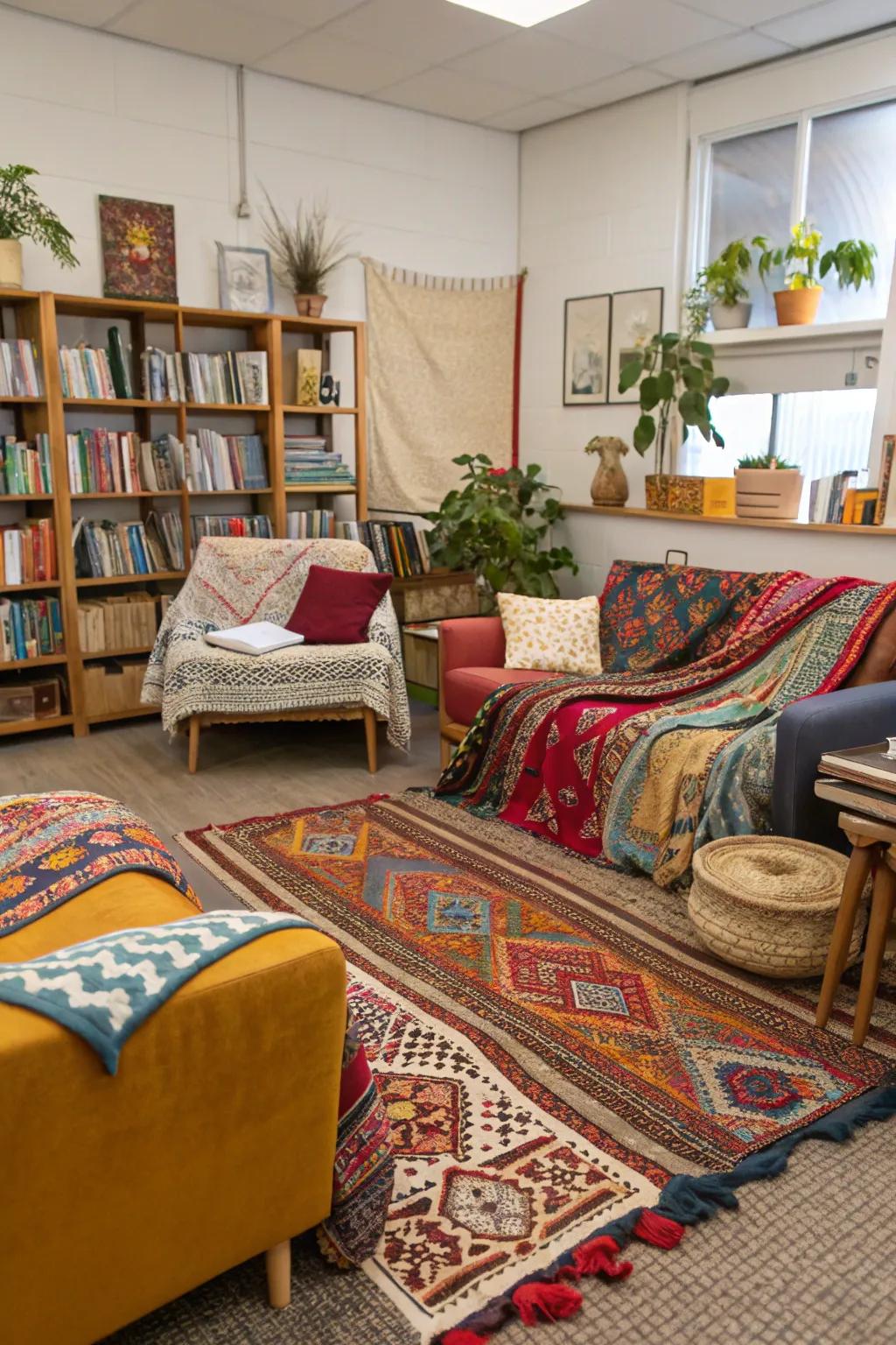 An office with combined fabrics and lively patterns for a cozy feel.