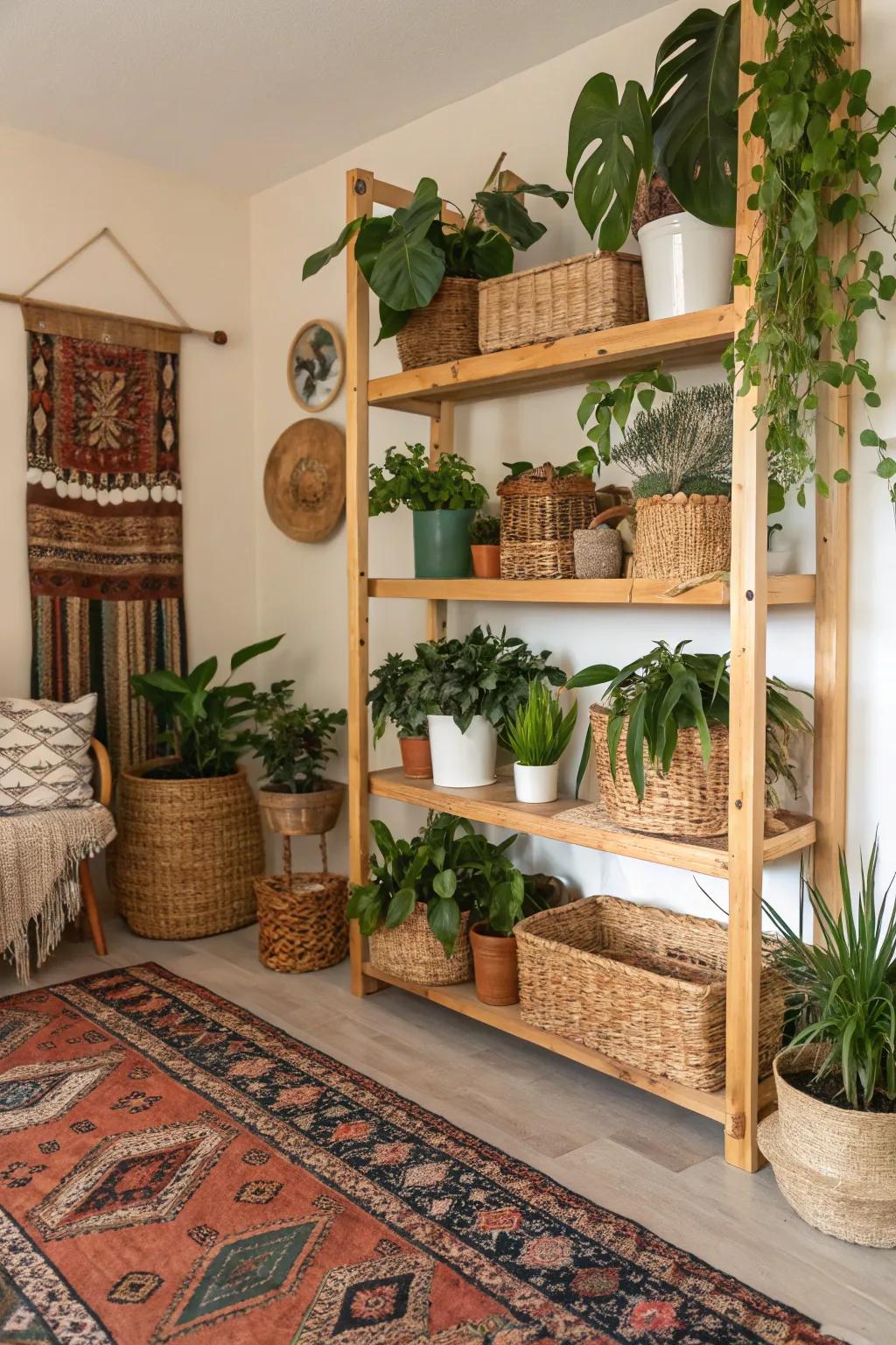 Natural timber and reed elements complement the bohemian plant room.