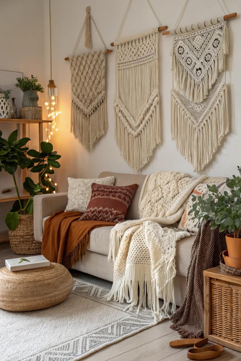 Varied fabrics enrich the tactile experience in a boho room.