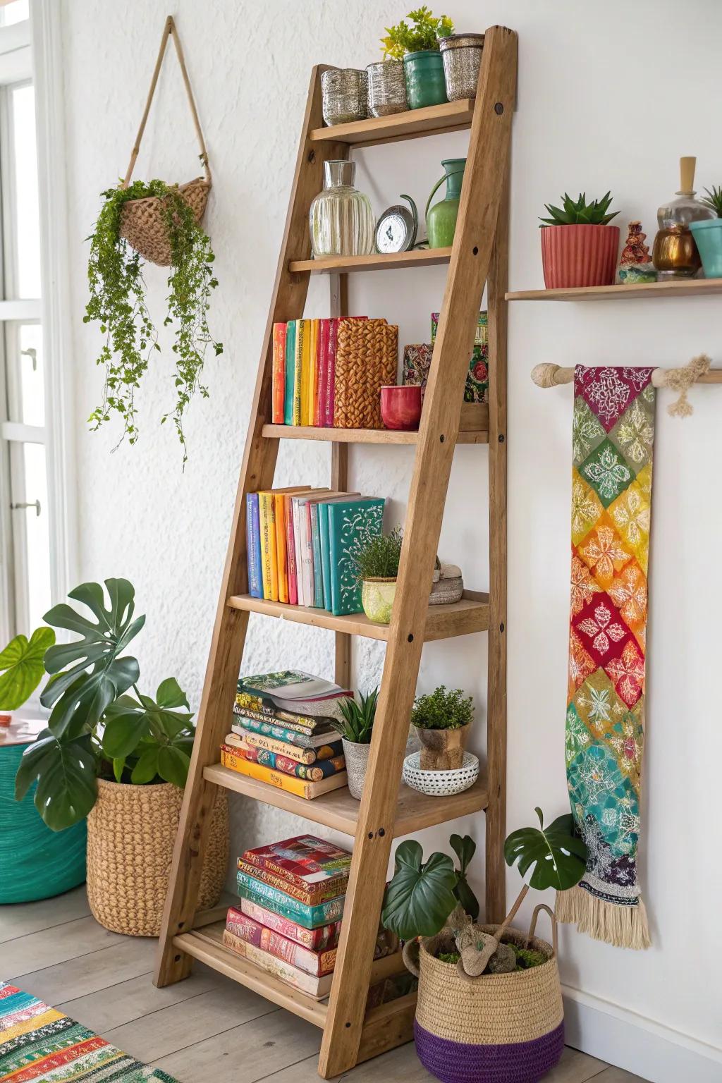 An inclined shelving unit offers fashionable and open storage.