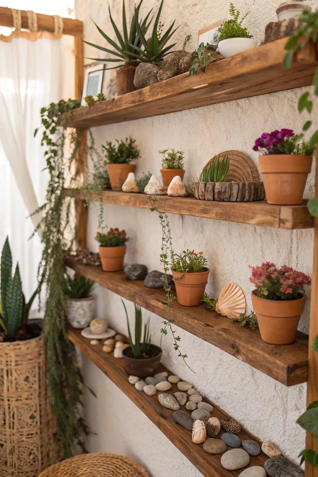 A wall inspired by boho aesthetics showcasing greenery and organic components.