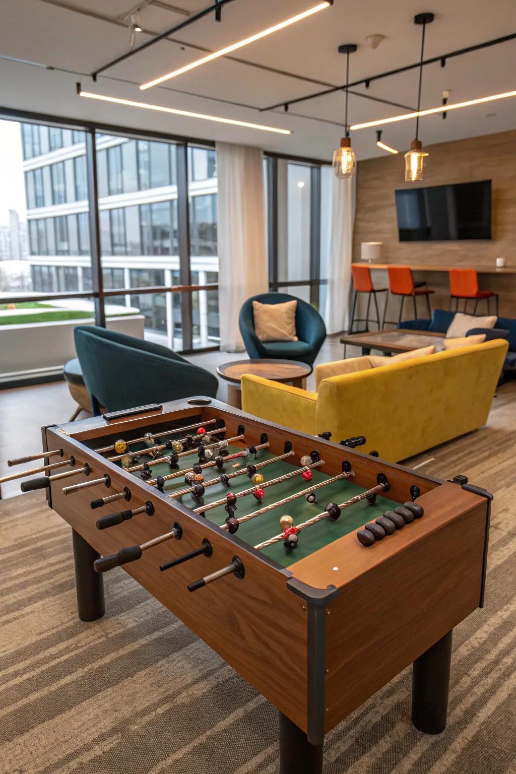 An energetic game room featuring a table soccer unit geared for fun.