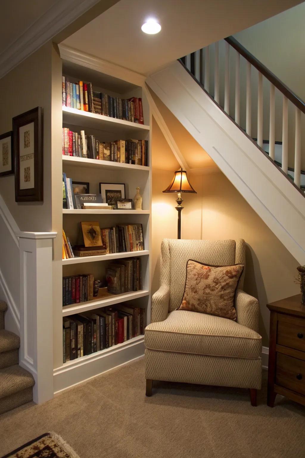 A concealed book nook beneath the stairs, perfect for serene reading periods.