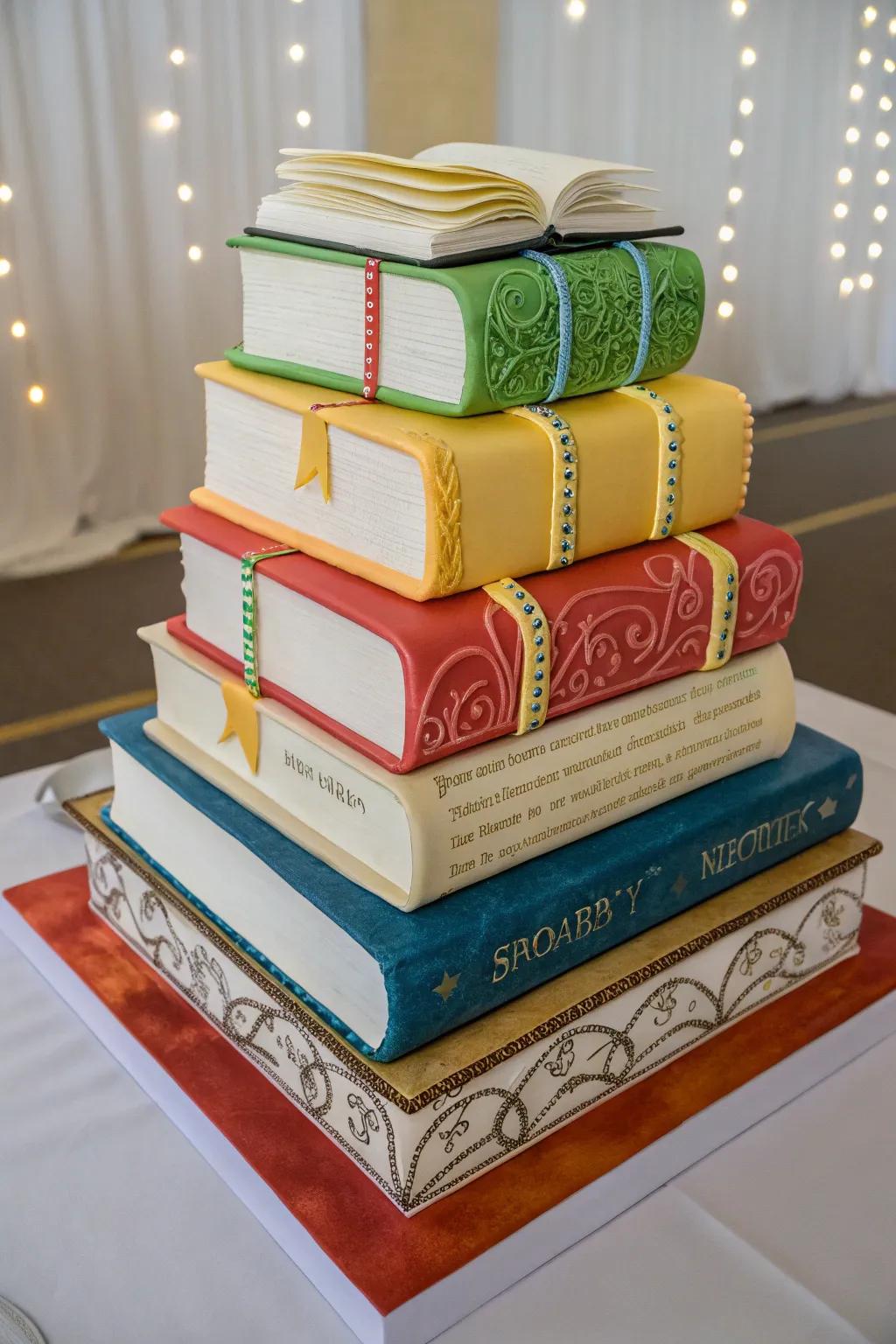 A confectionery masterpiece styled as a stack of treasured books.