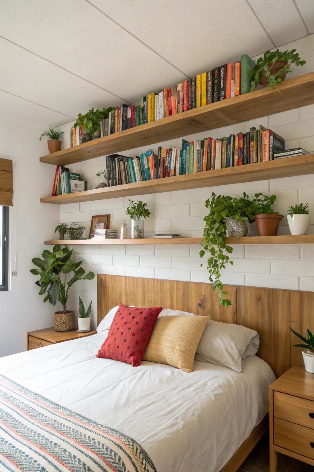 Floating shelves that add elegance and utility above the bed.