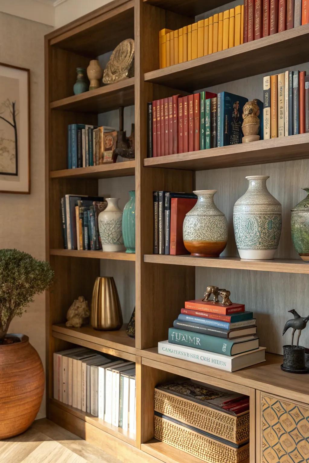 Enhance personality by adding ornamental items alongside your books.