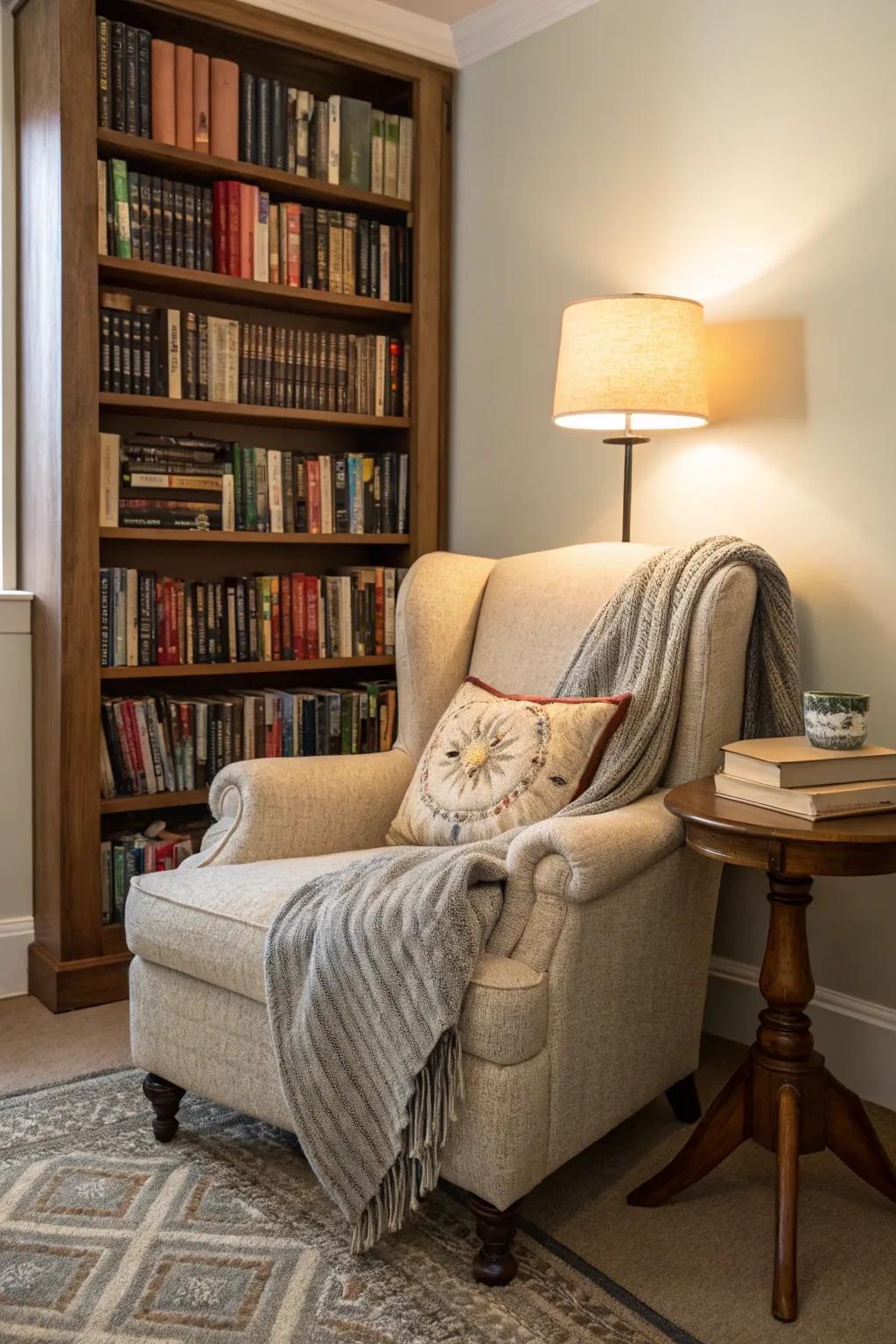 A serene reading space adjacent to the bookshelf wall.