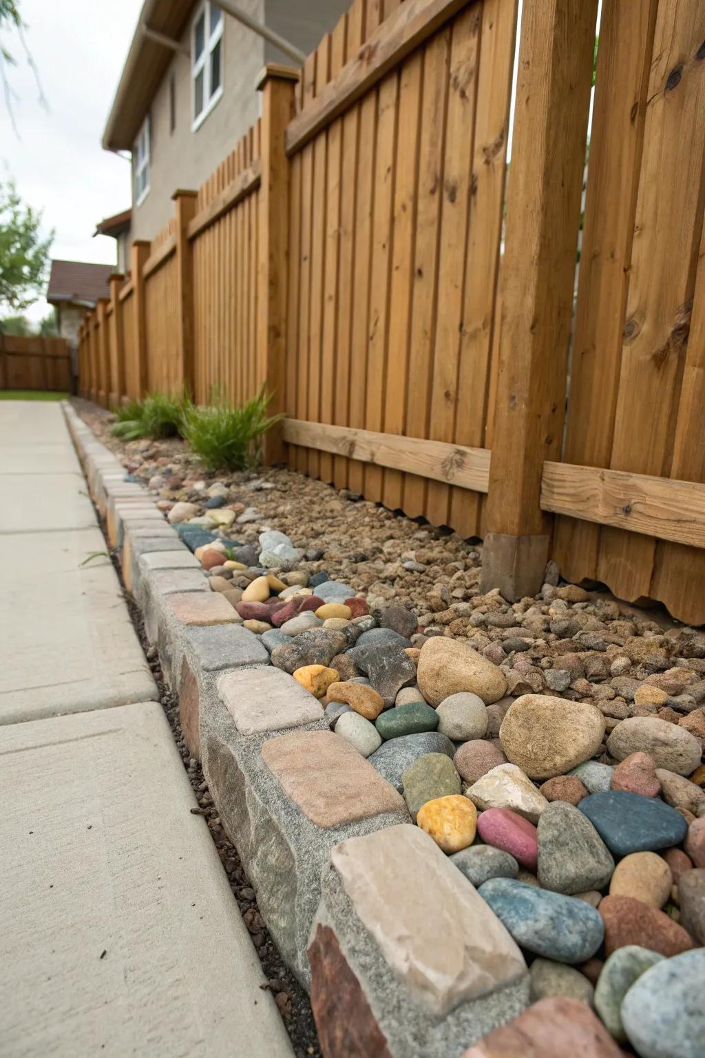 The addition of stones and pebbles brings visual interest to your fencing.