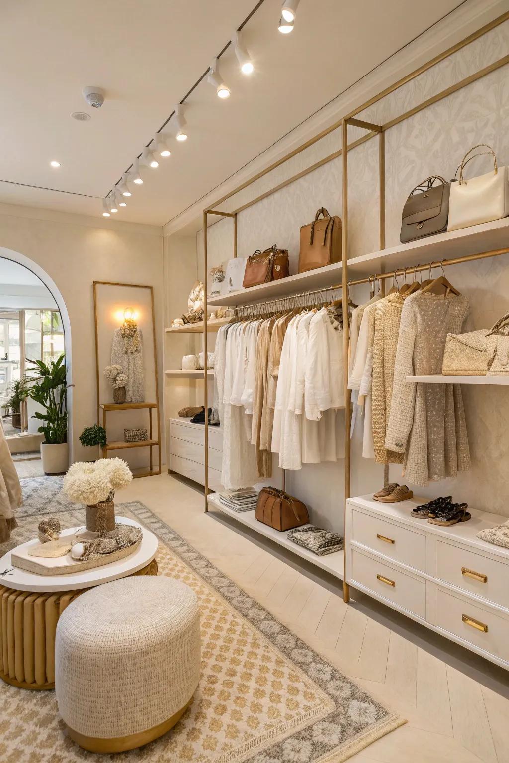 A boutique interior showcasing a gentle and neutral color palette, conveying a sense of comfort and elegance.