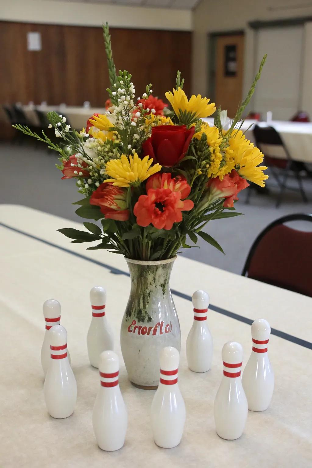 Fresh flowers provide a natural sophistication to a bowling-themed centerpiece.