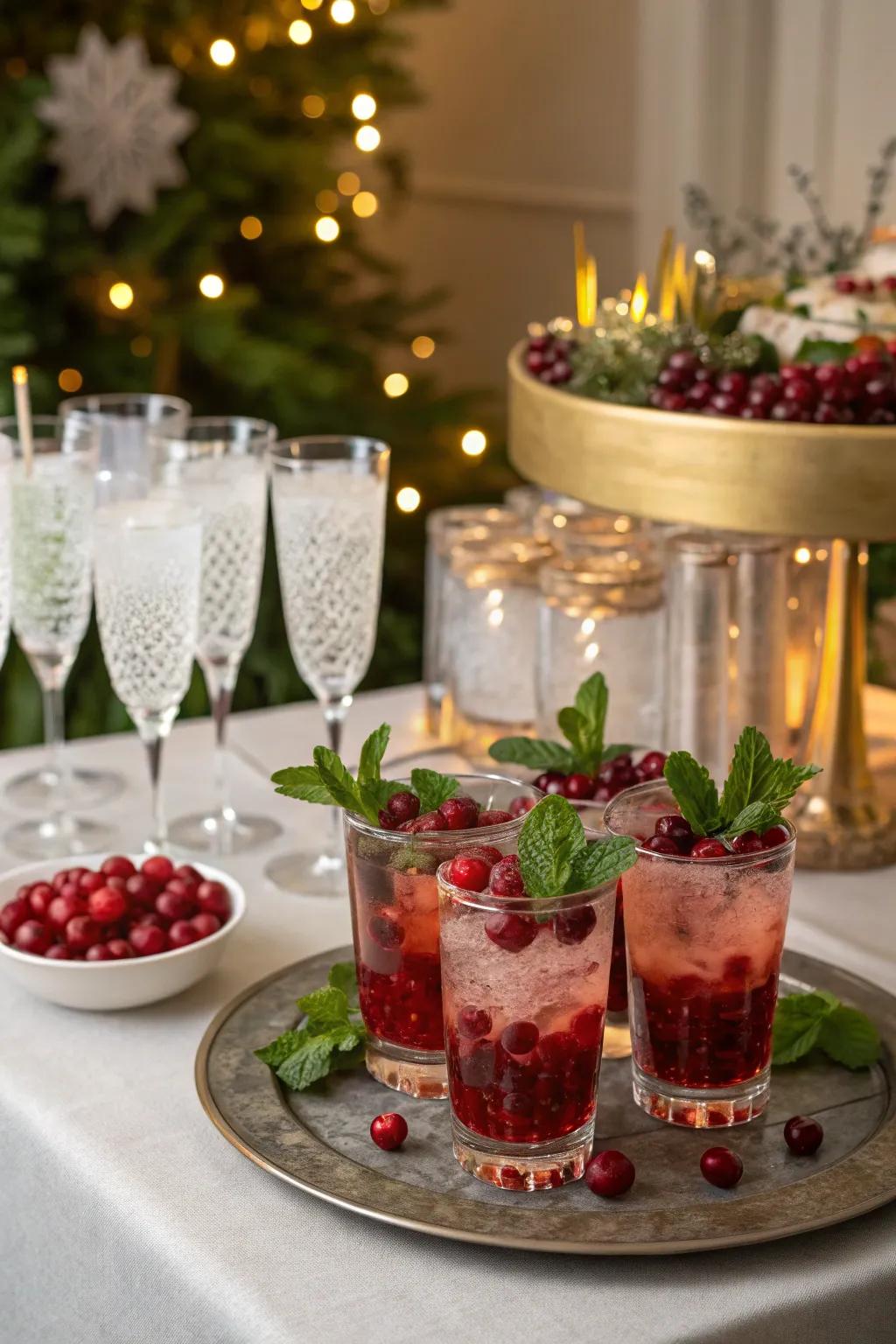 A sophisticated beverage bar featuring celebratory cocktails and embellishments.
