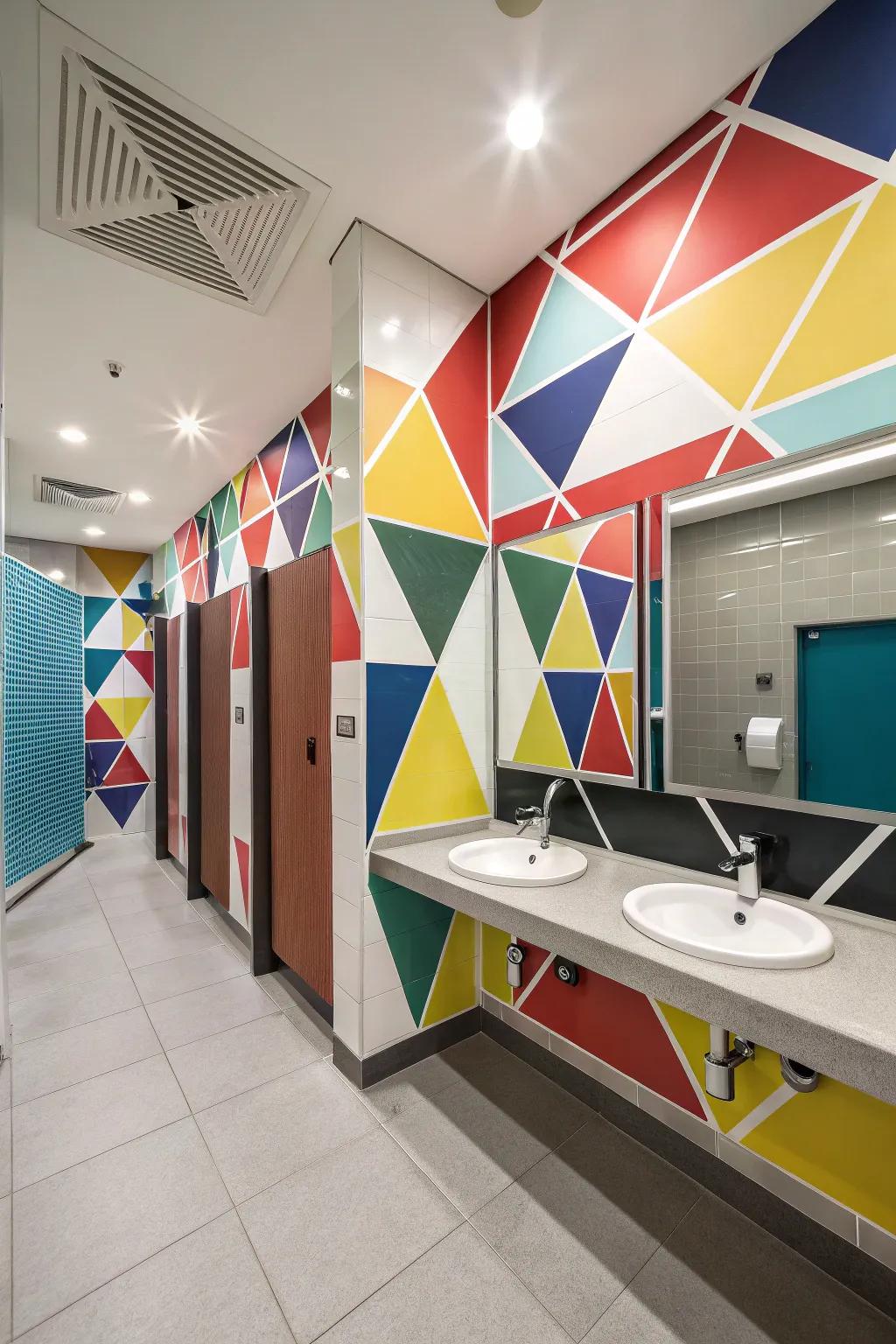 A modern boys' bathroom using pattern-based ornamental decor.