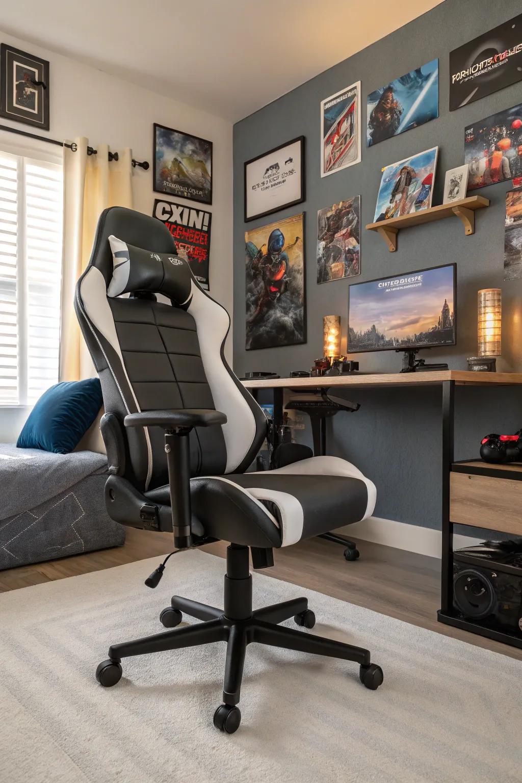 A chair designed for gaming providing both ease and visual delight.
