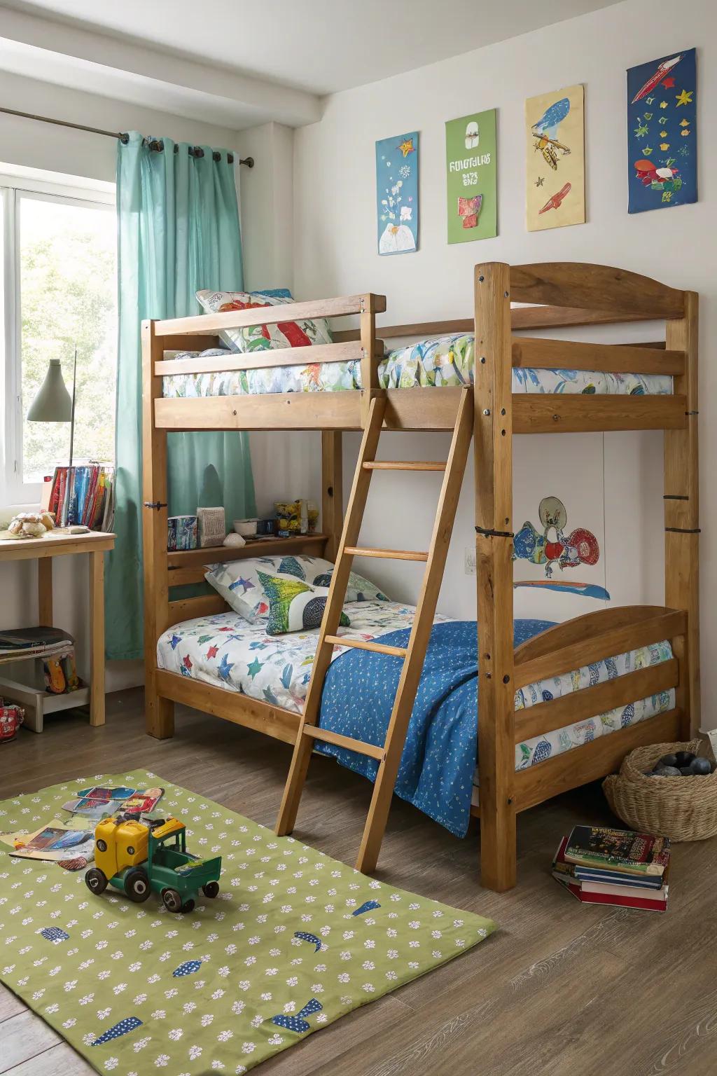 Tiered beds provide a clever approach to utilizing vertical space for both sleeping and recreation.