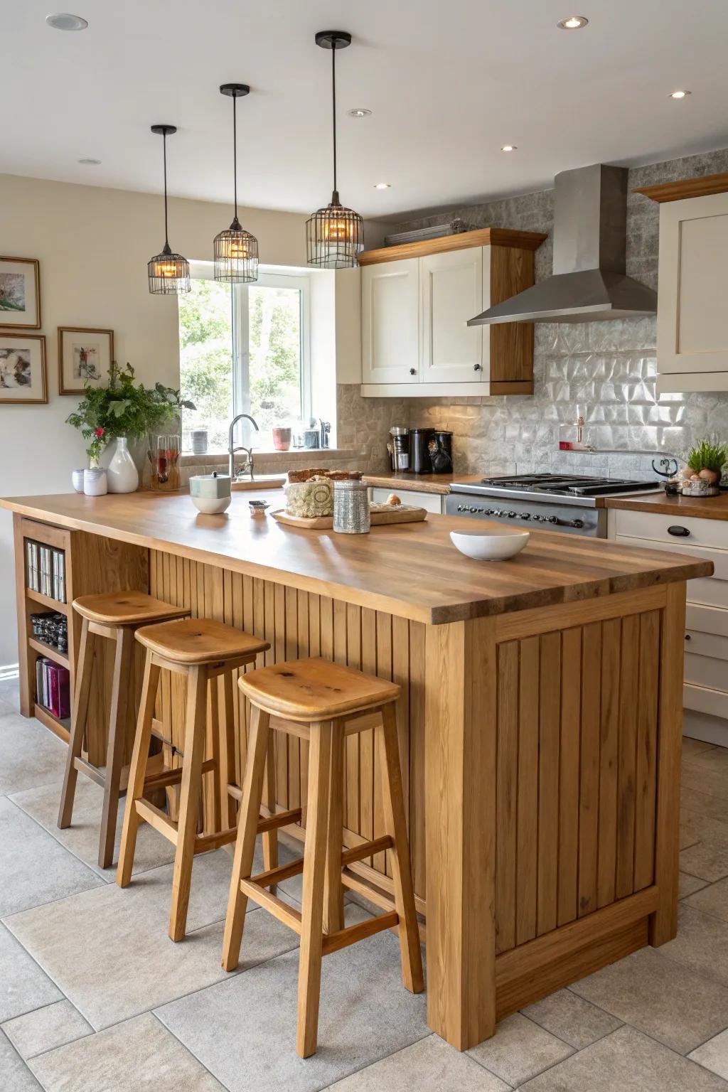 A wooden breakfast bar adding warmth and sophistication to a comfortable kitchen.