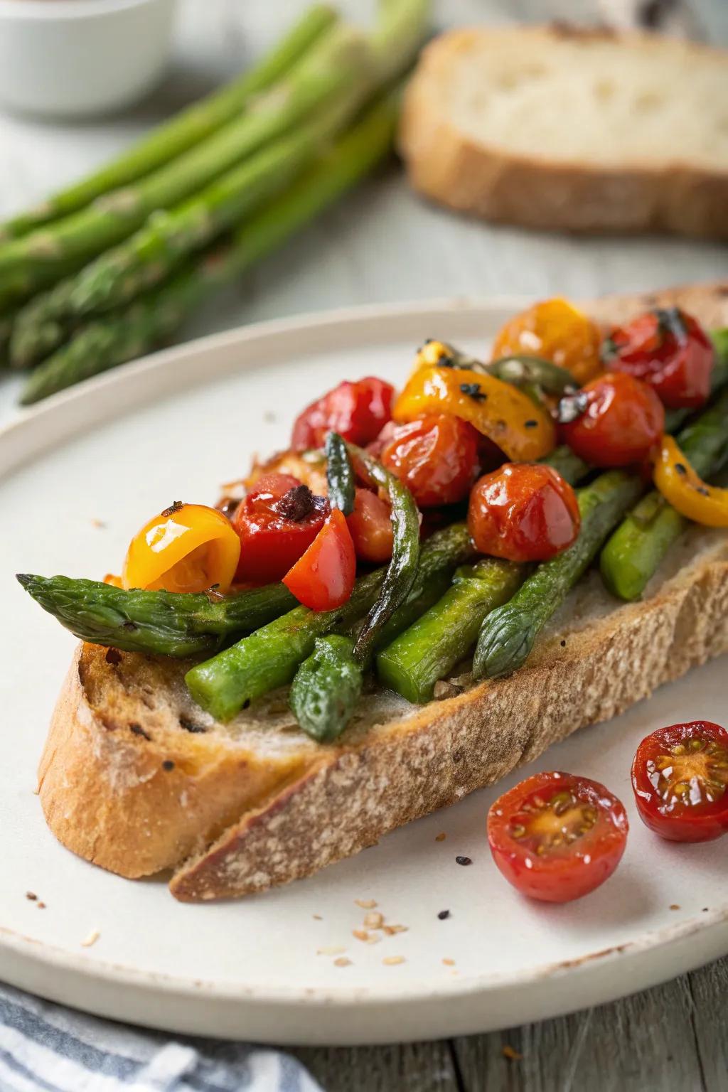 Elevate your slice of toast with a vibrant assortment of broiled vegetables.
