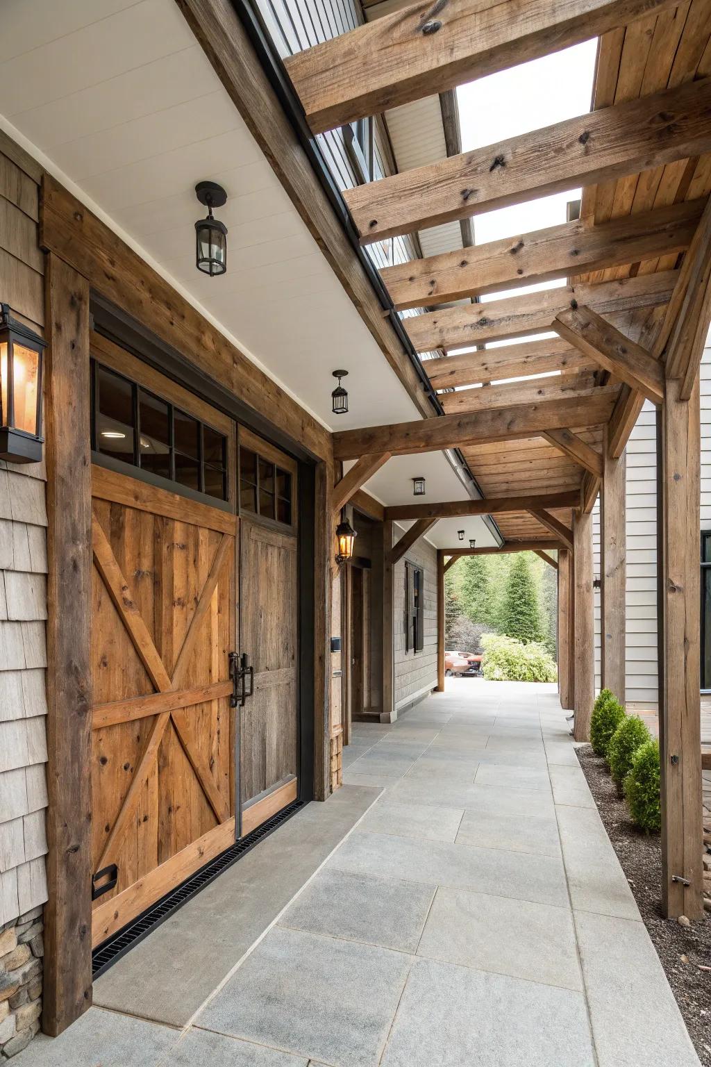 A modern rustic breezeway that adds coziness and character to the transitional area.