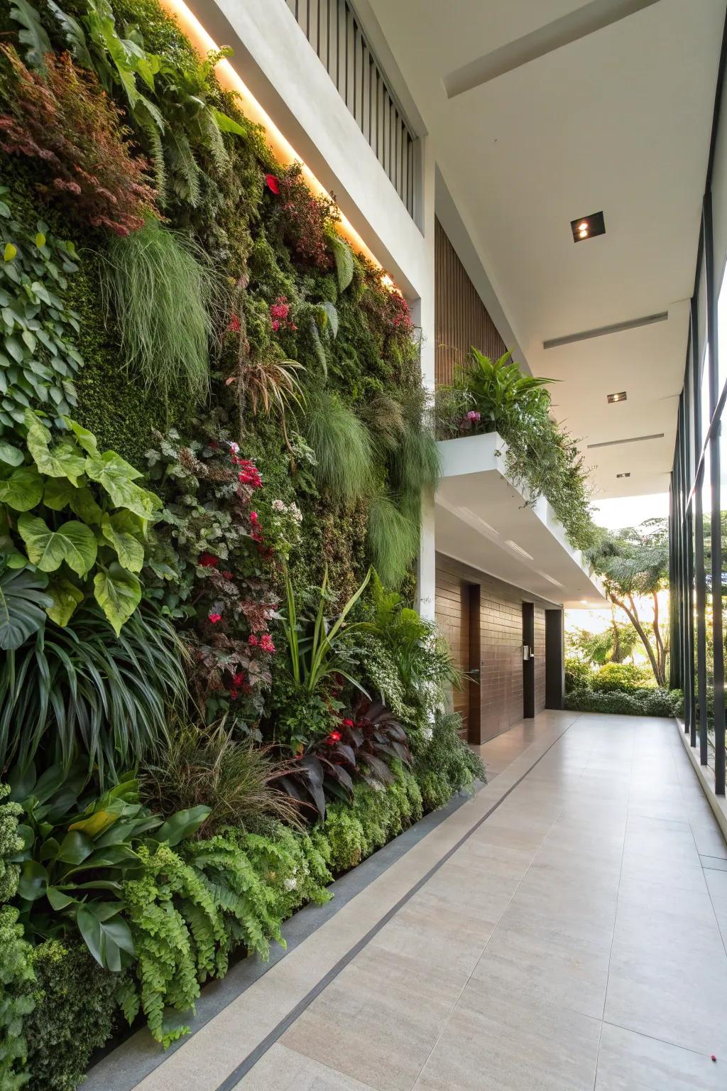 A lively vertical garden energizing the breezeway.