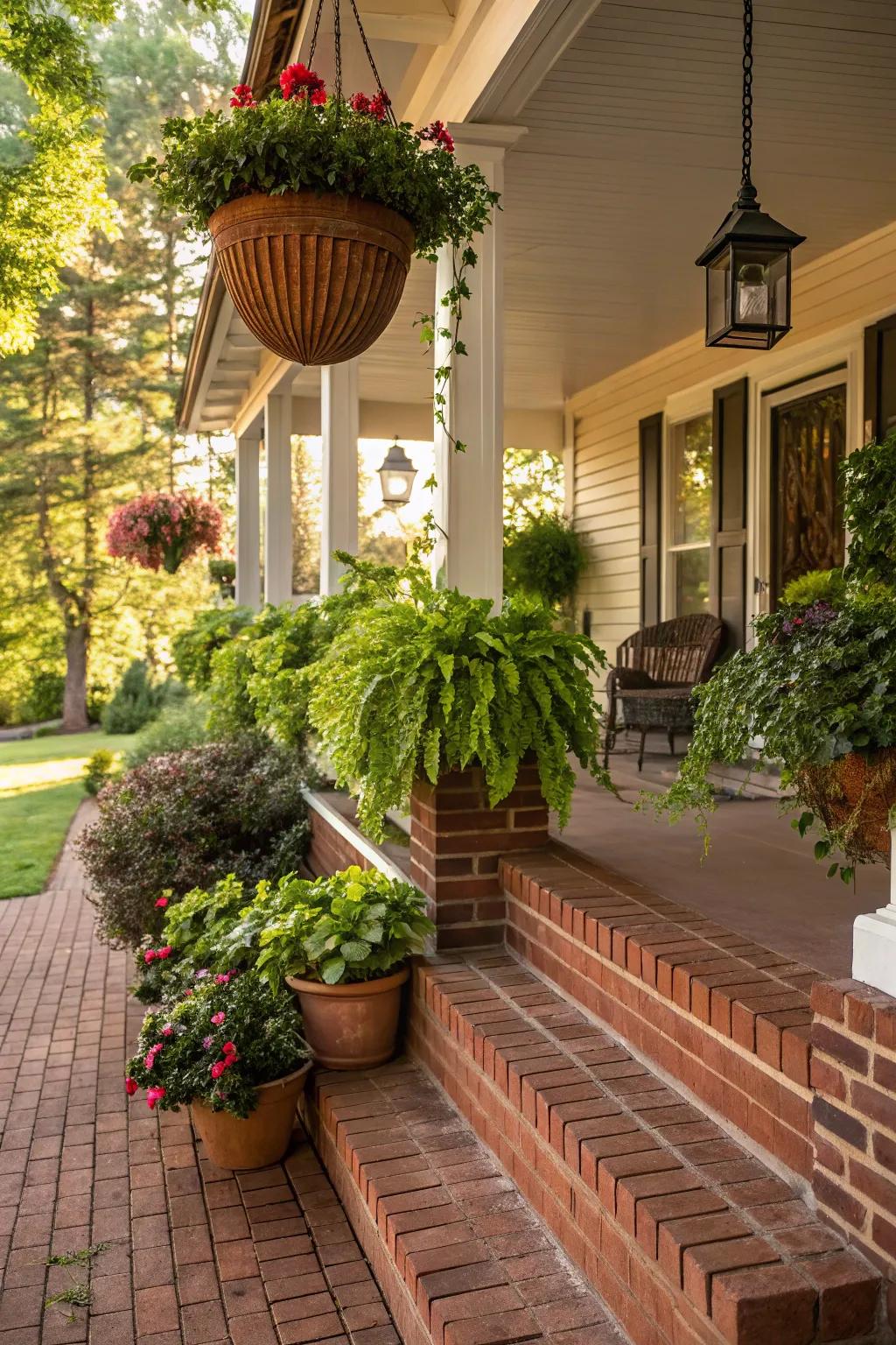 A flourishing green oasis enhancing the brick porch’s innate beauty.