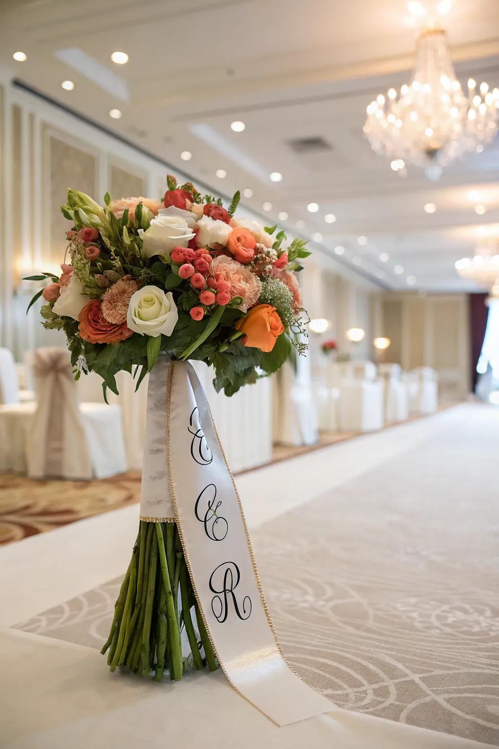 A custom ribbon finish contributes an individual touch to any wedding bouquet.
