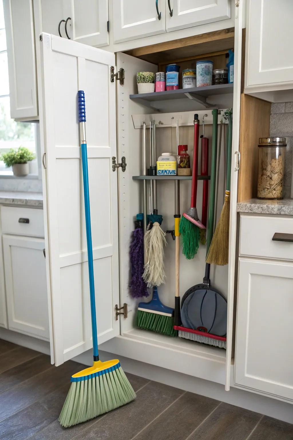 Cabinets can be designed to efficiently house cleaning tools.