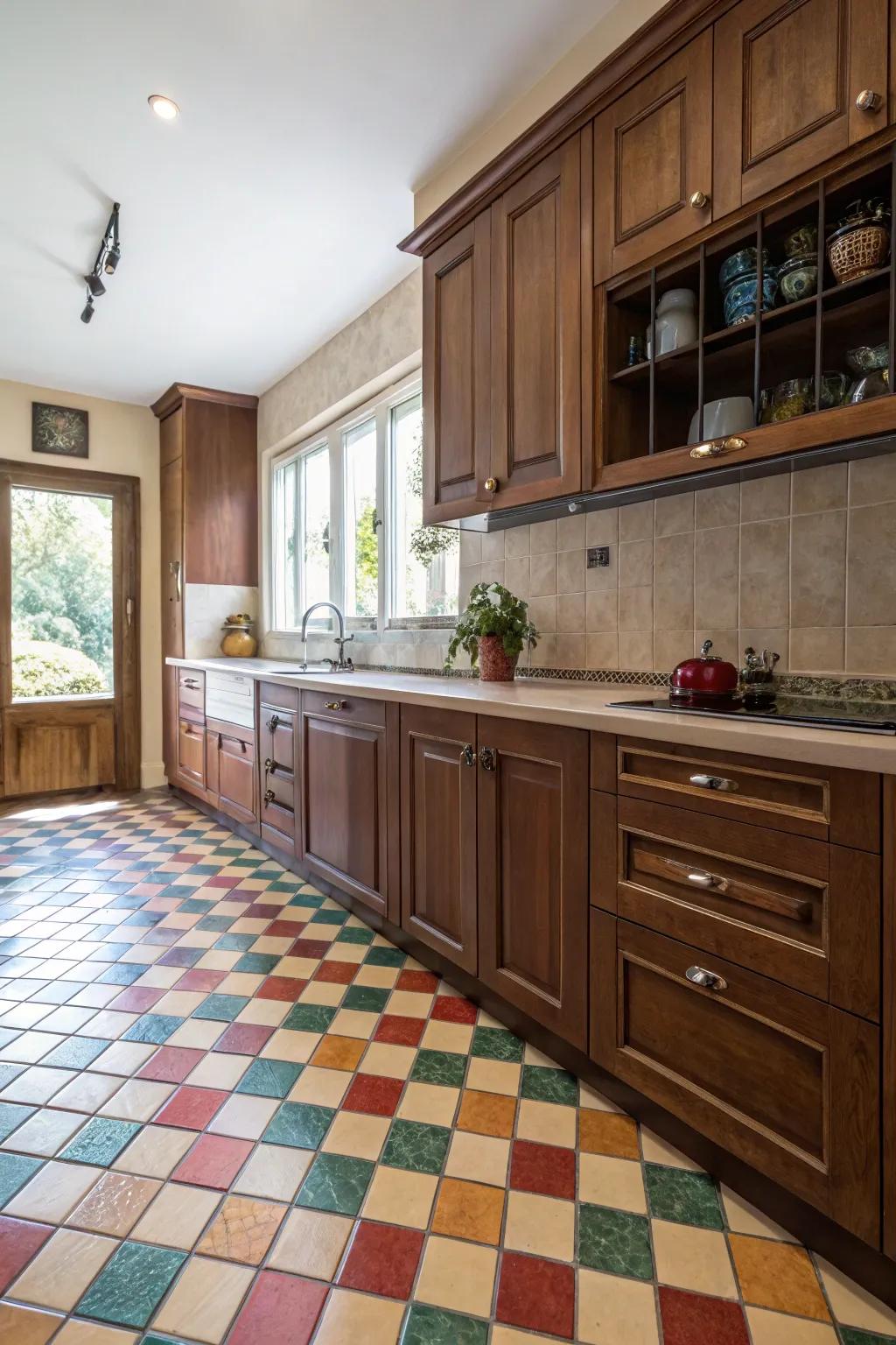 Daring pavement tiles contribute a playful touch to chocolate cabinetry.