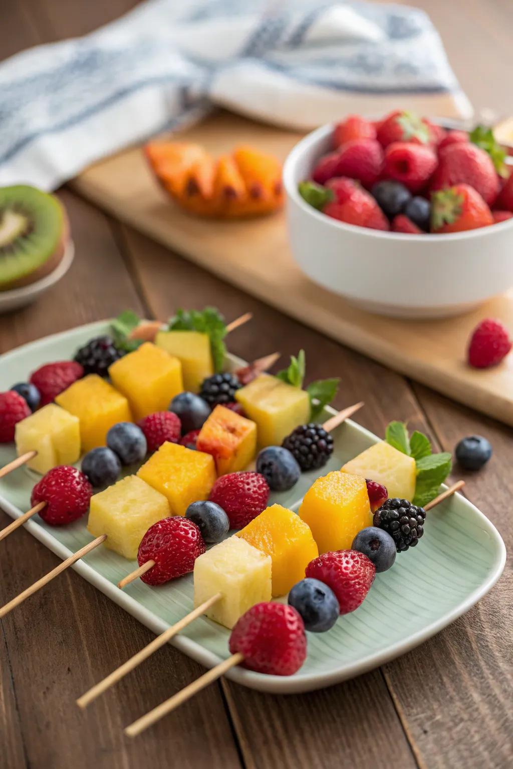Vibrant fruit skewers bringing a refreshing element to brunch.