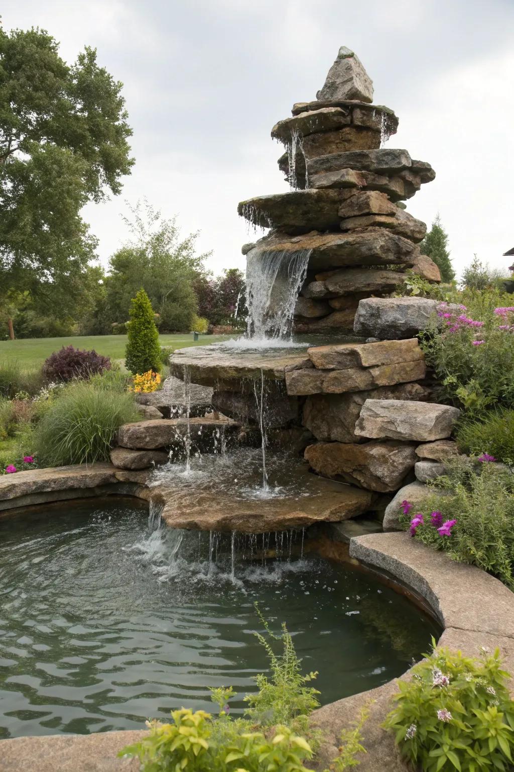 A layered cascade fountain presents a lively and tranquil water exhibition.