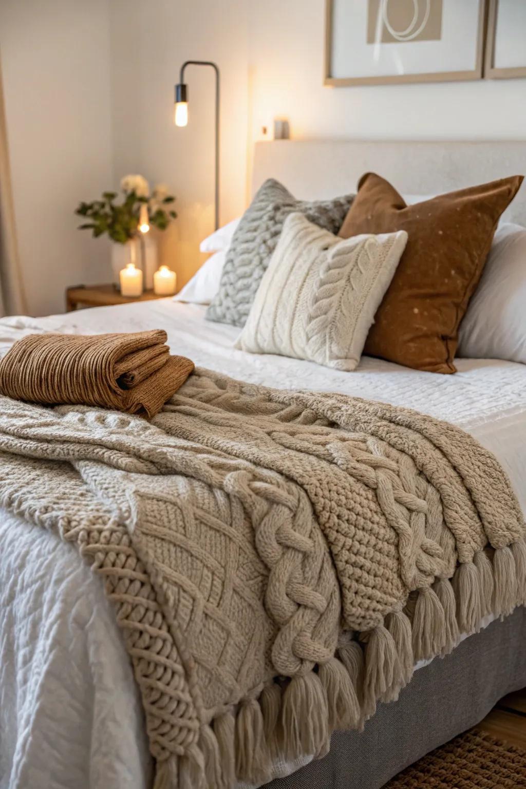 Textured bedding brings coziness and dimension to an affordable bedroom.