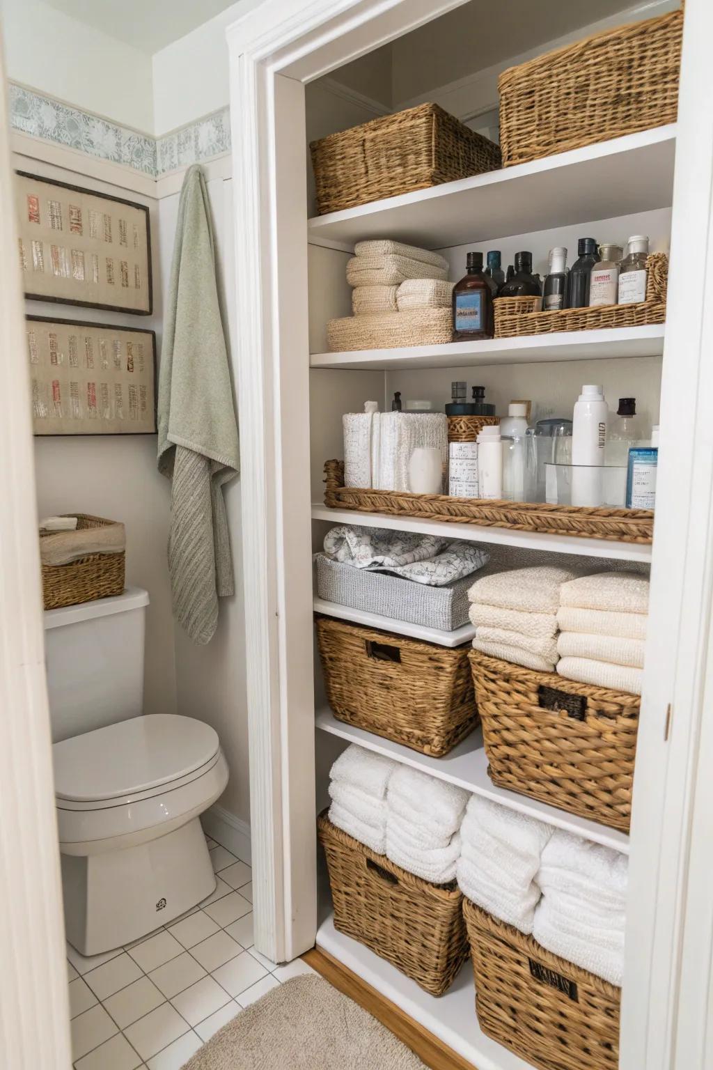 Ingenious storage solutions in a small bathroom, utilizing shelves and containers.