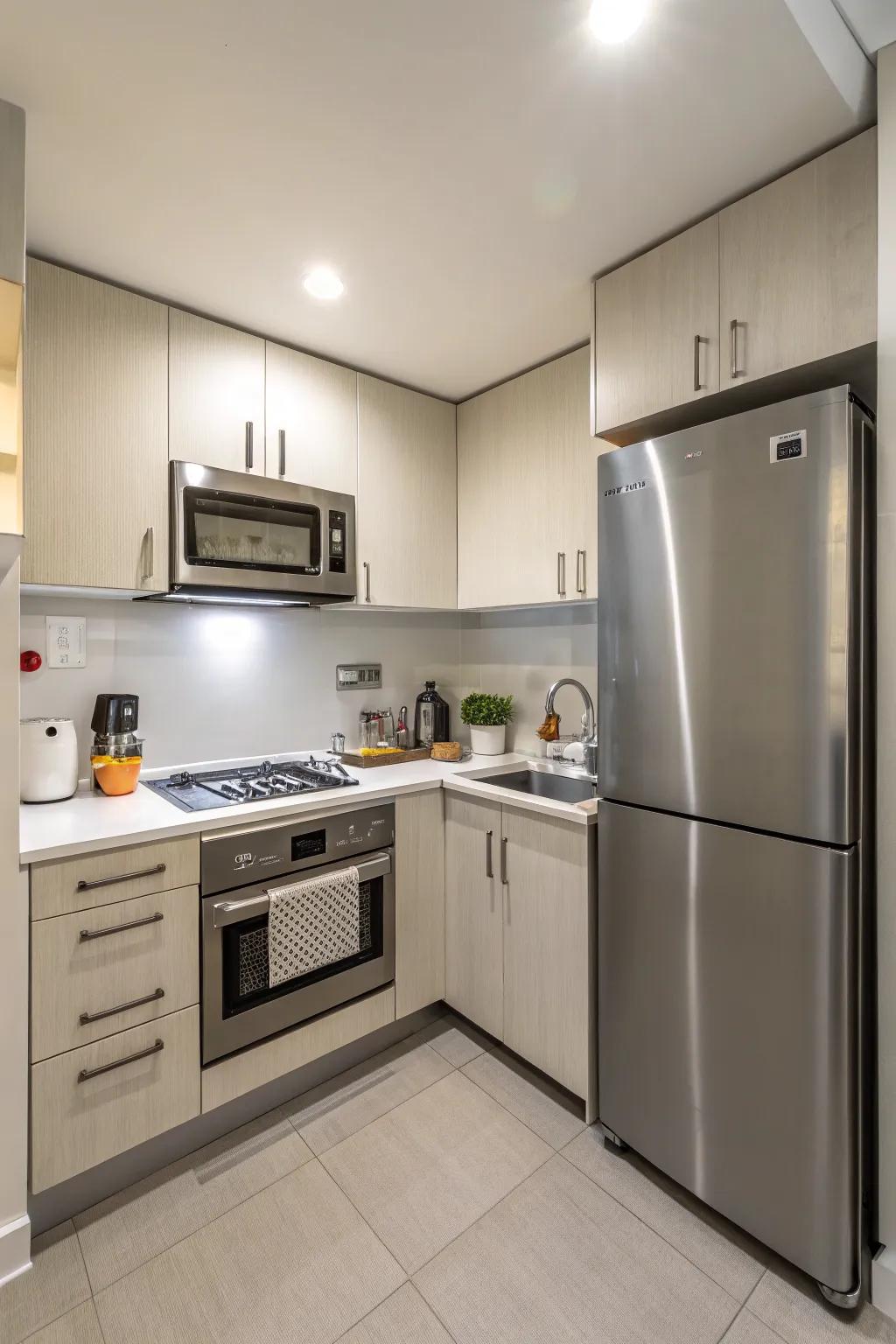 Contemporary appliances introduce a refined element to a compact kitchen area.