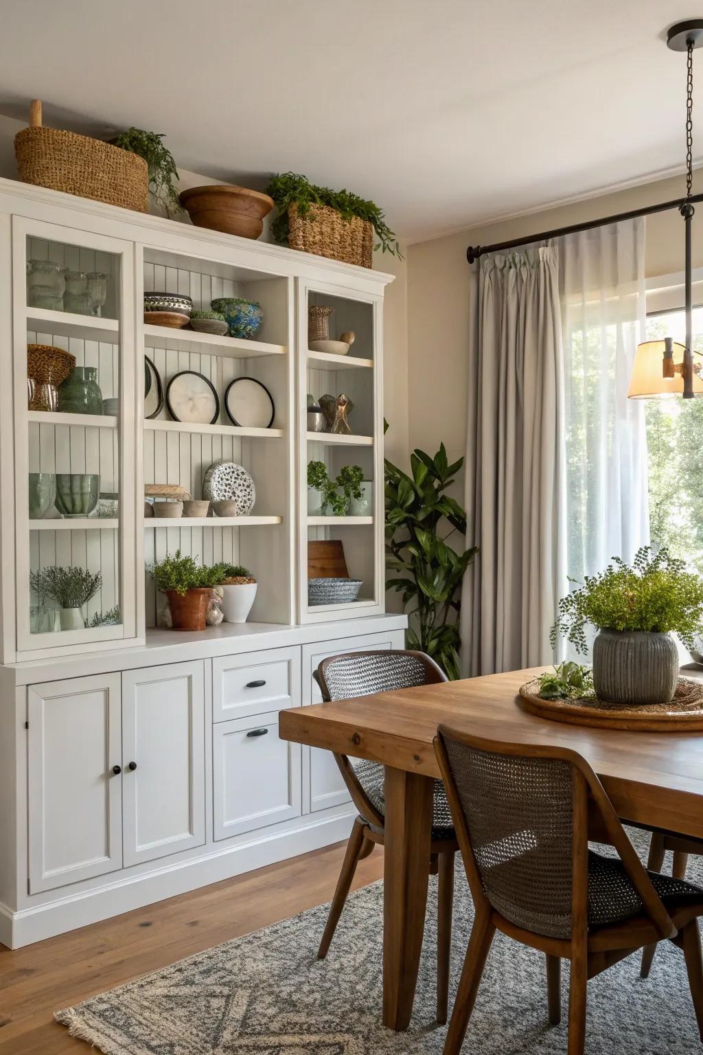A stylish and functional dining room that blends open shelving with closed cabinets.