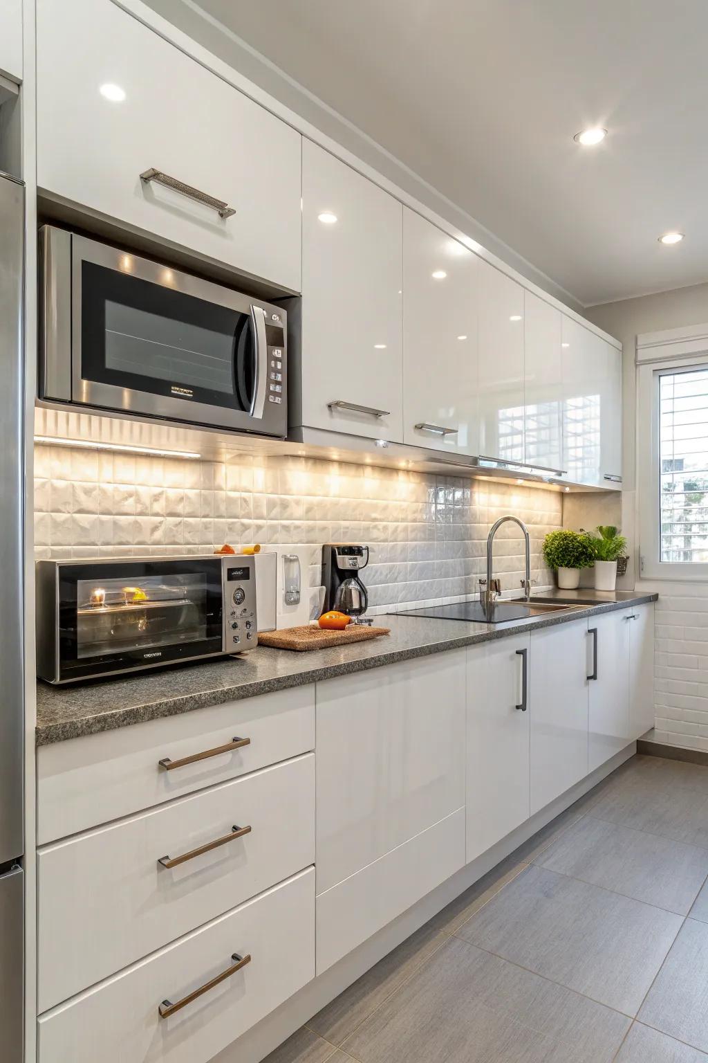 Contemporary kitchen featuring an eye-level wave emitter set into upper cabinets.