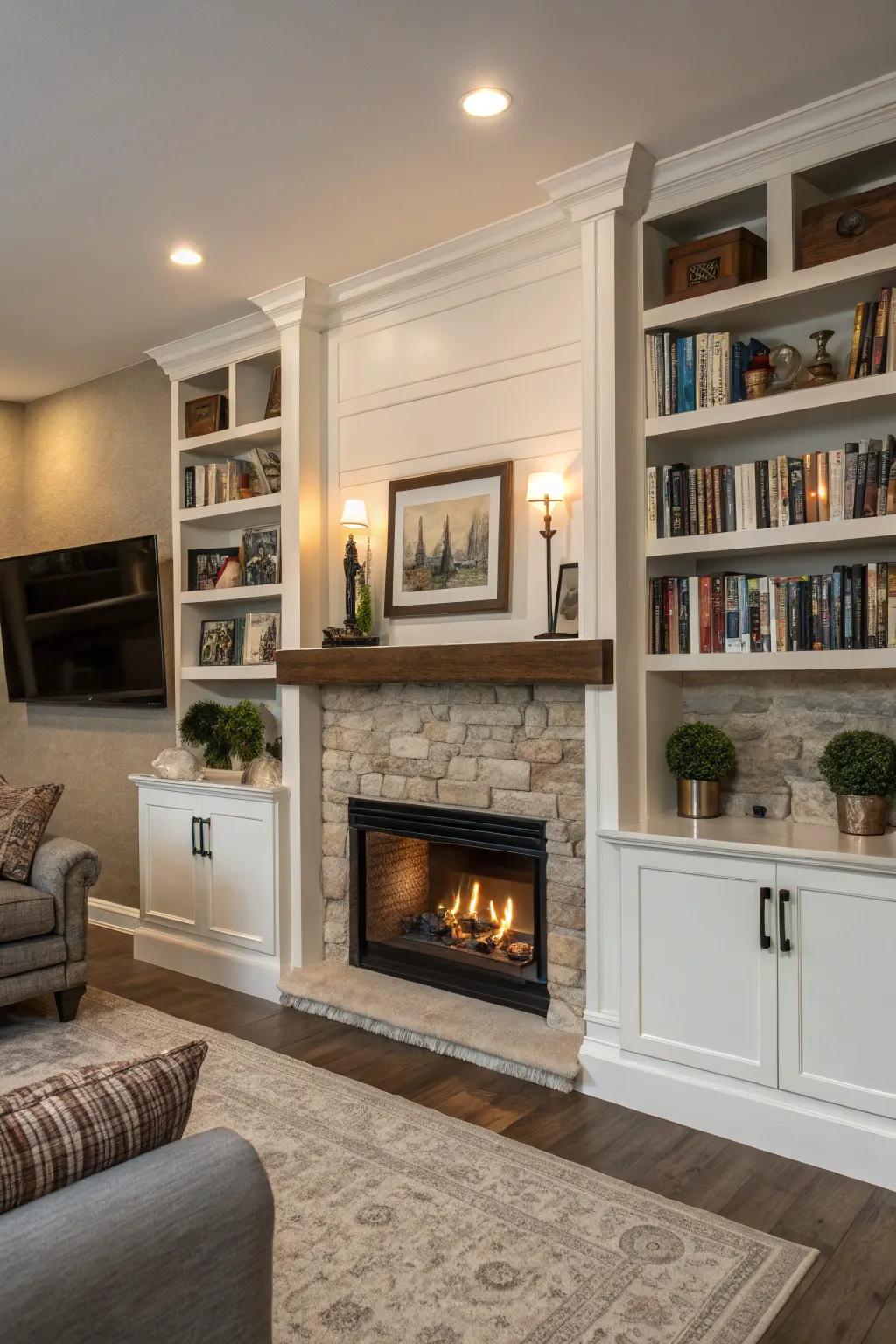 Built-in shelves surrounding the hearth foster a warm and inviting setting.