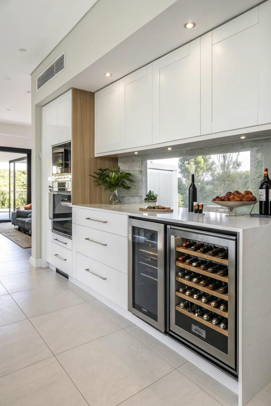 Maintain a sleek profile with an under-counter wine storage unit for a contemporary kitchen ambiance.