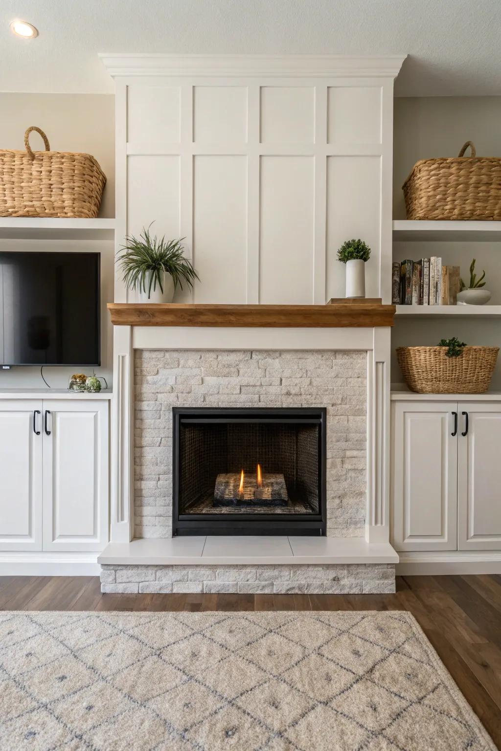 Concealed storage offers a streamlined and modern framework for the fireplace.