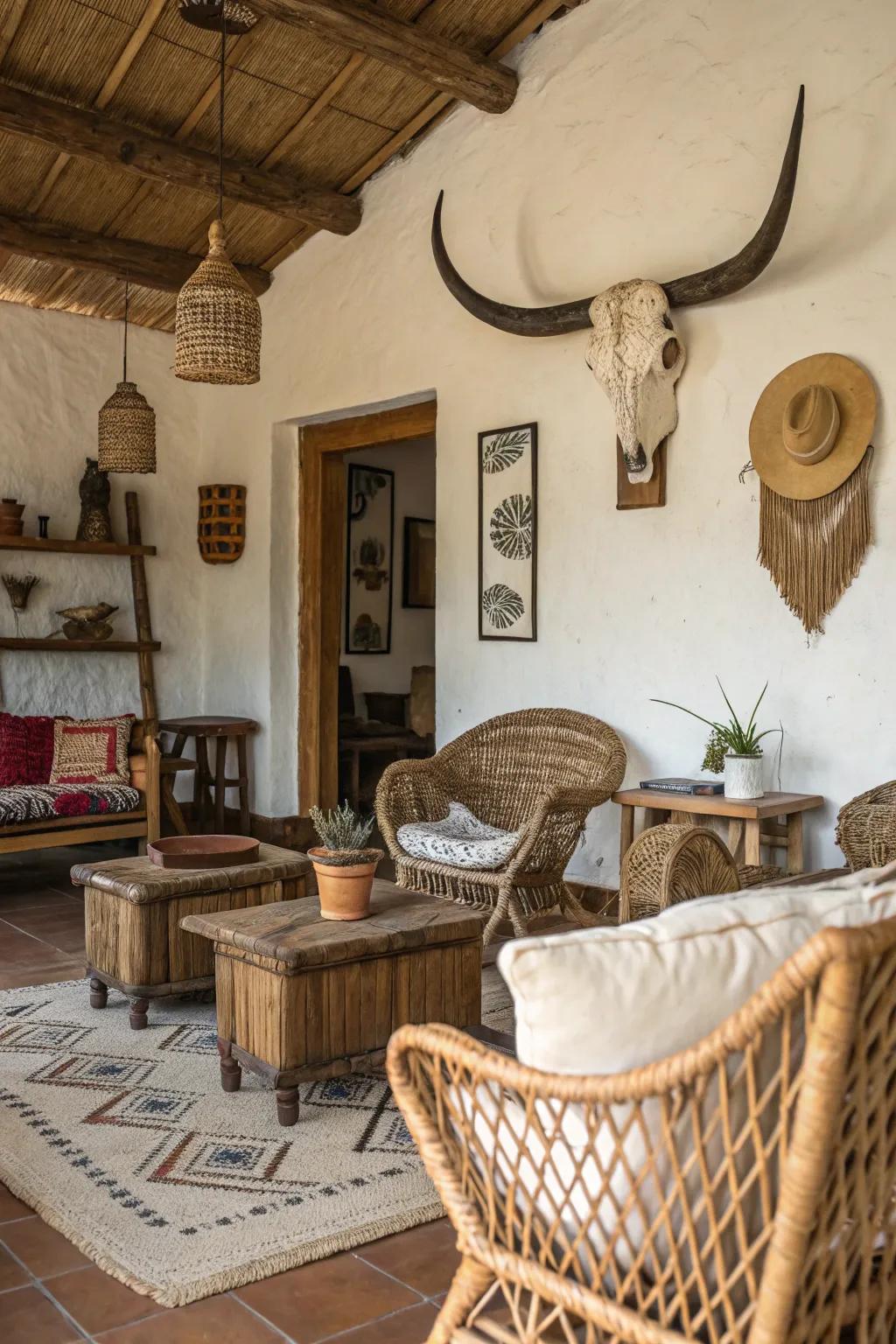 Fusion of bohemian and earthy elements with a bull skull centerpiece.