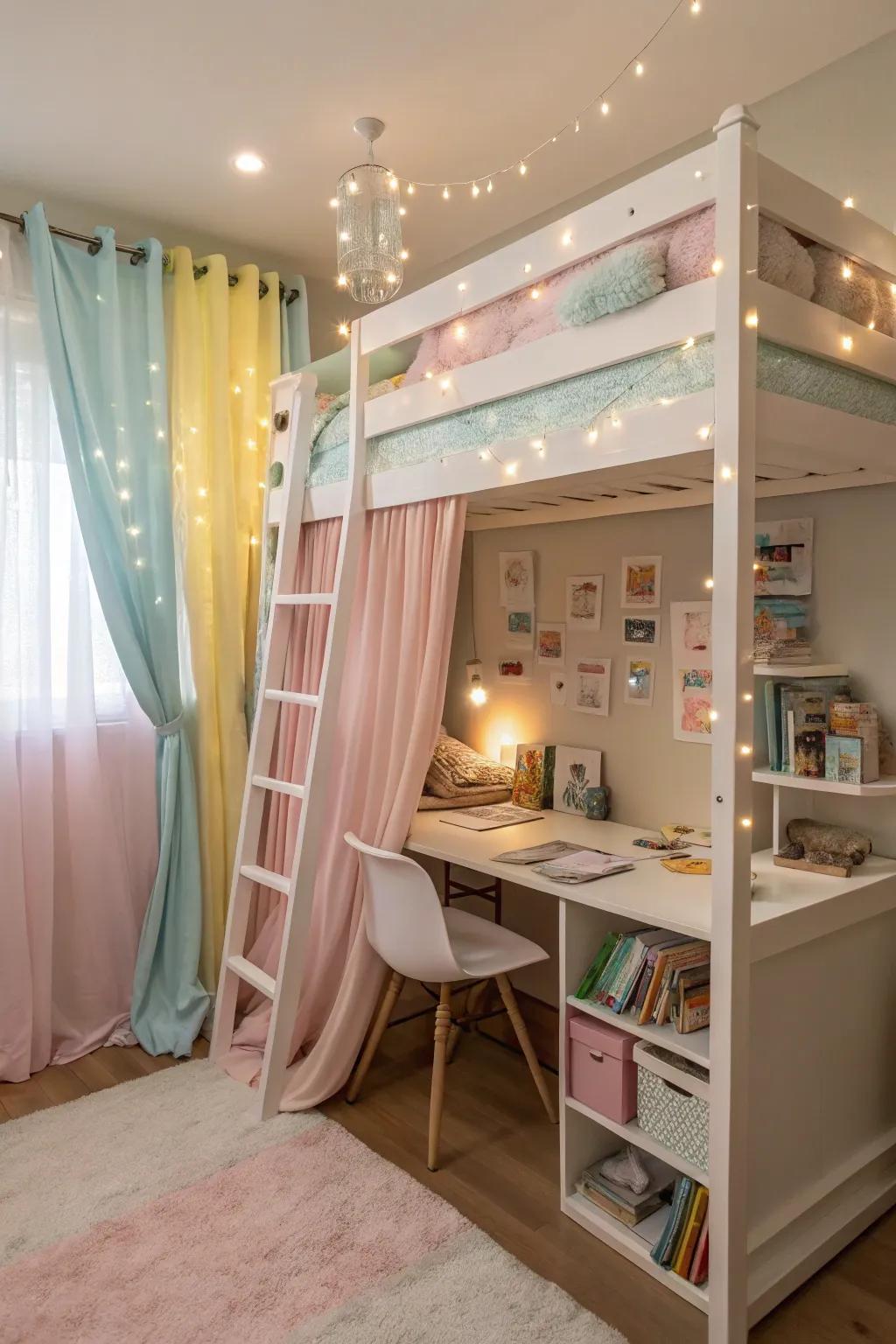 A room with a soft color scheme and a bunk bed, designed to create a dreamy and restful space.