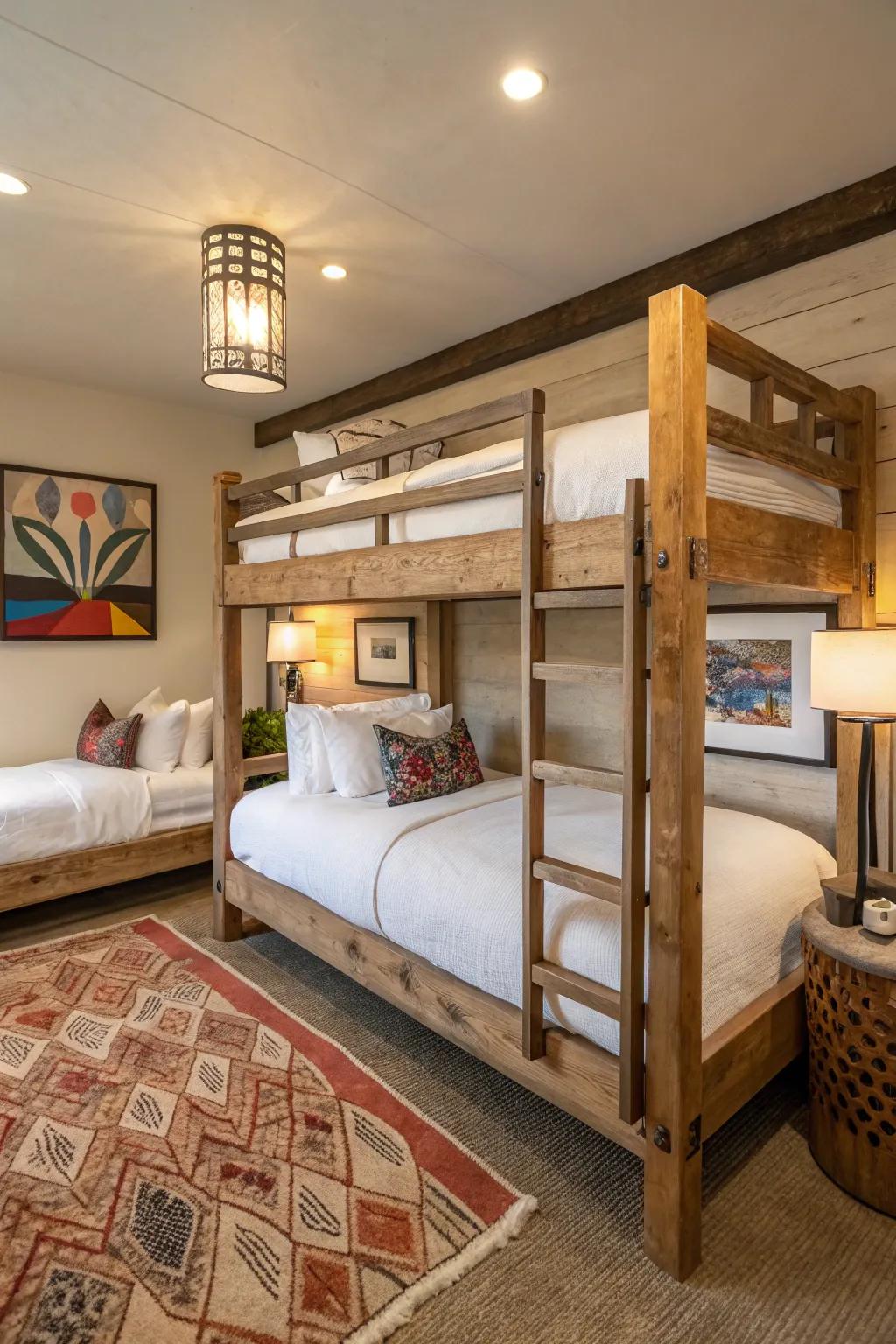 A bunk room with a seamless fusion of rustic appeal and modern sophistication.