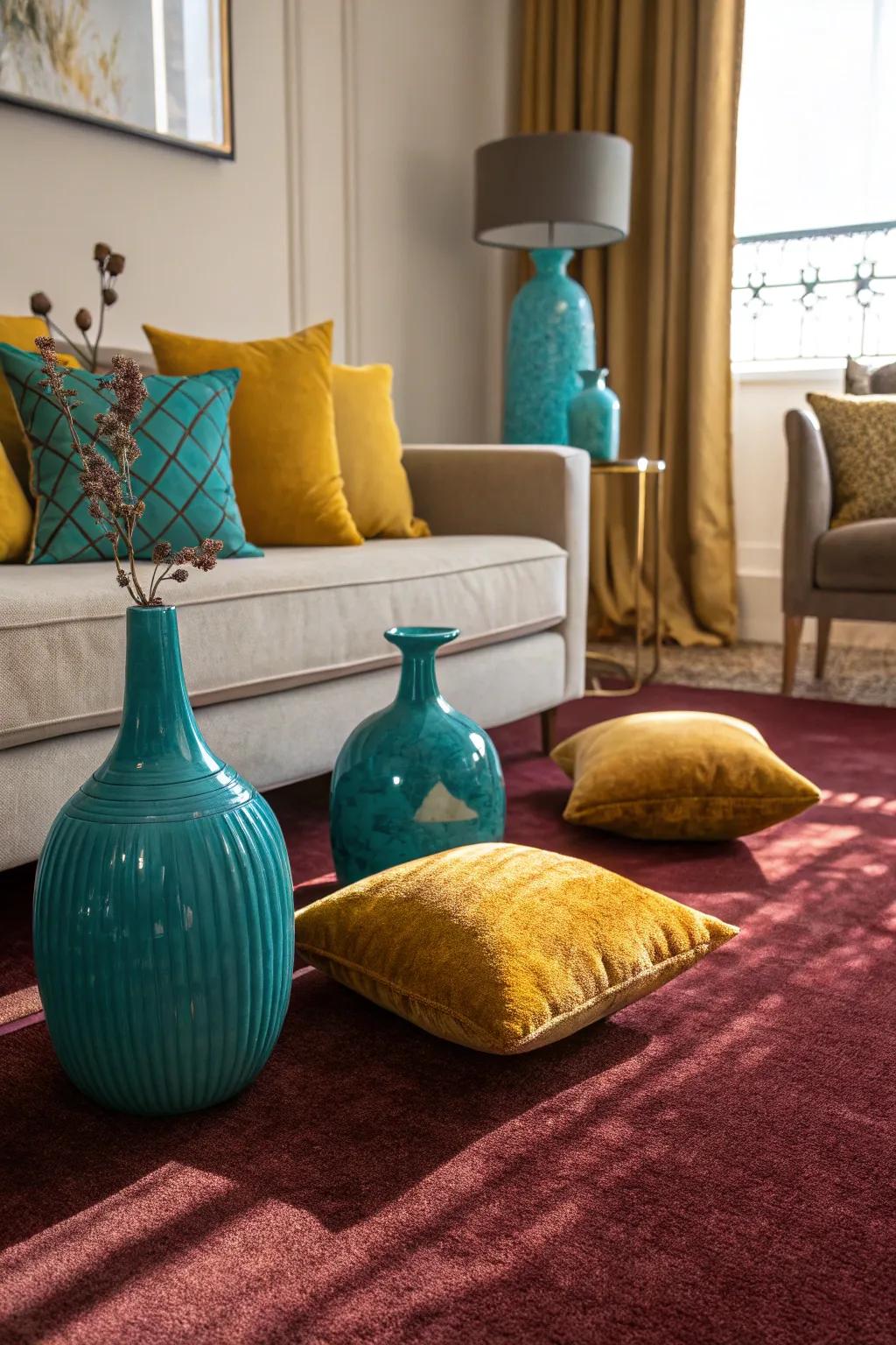 Vibrant highlight colors like cyan and amber establish a dynamic contrast with the deep red floor covering.