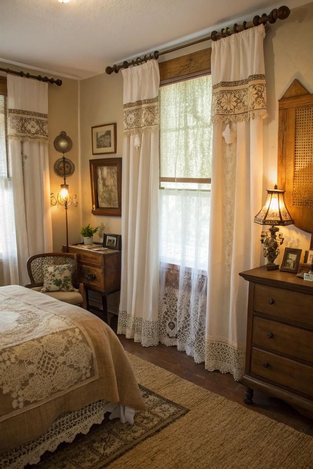 Sentimental charm through layered hessian and woven trim window coverings.