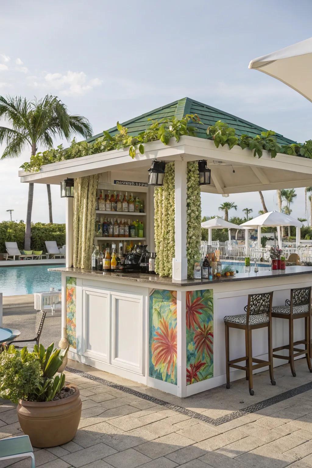 Waterside cabana showcasing a stylish outdoor bar for entertaining.
