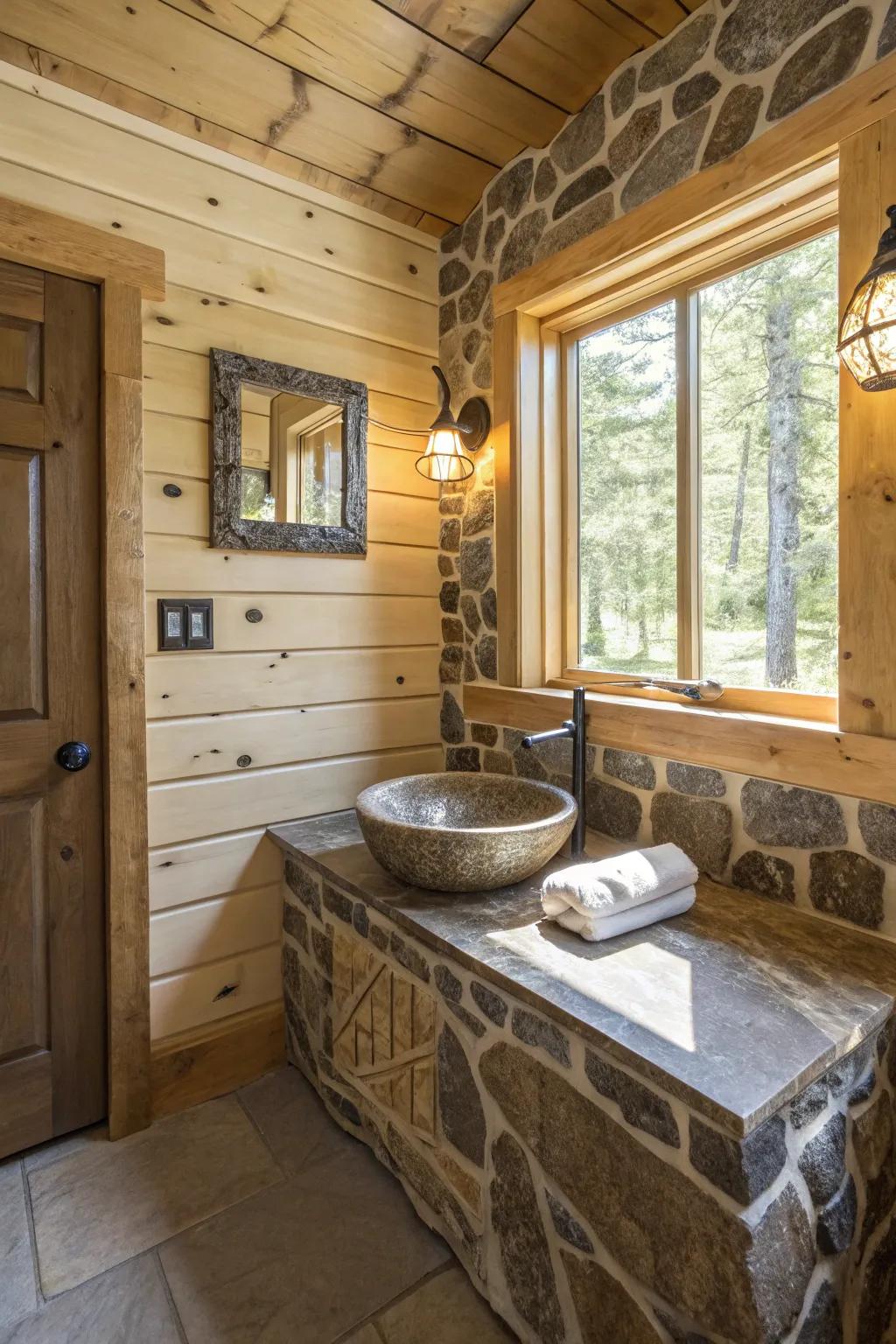 A cabin bathroom showcasing sophisticated rock features.