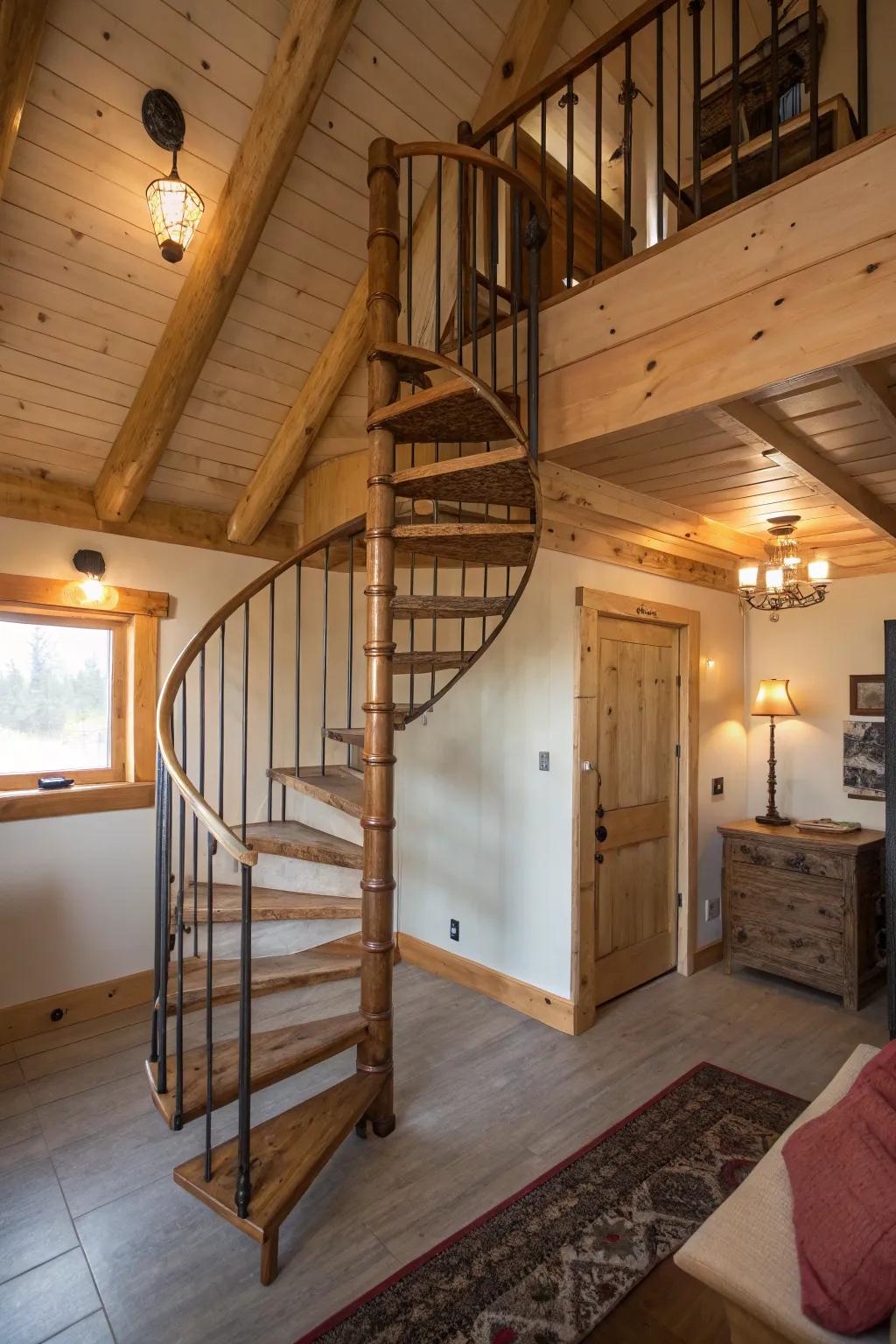 A winding staircase contributes both aesthetic value and practical functionality to a small cabin interior.
